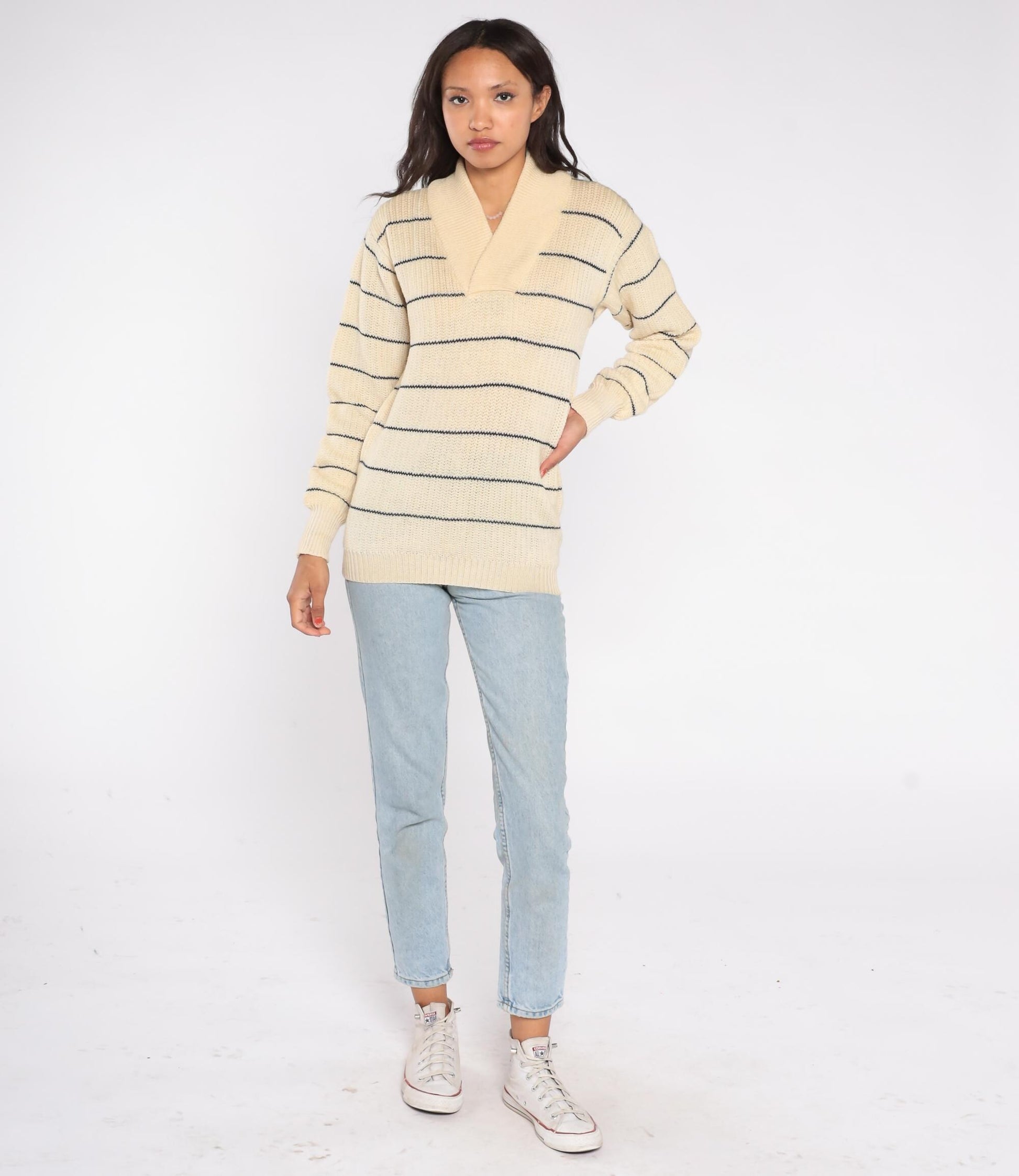 80s Hardy Amies London Wool Shawl Collar Sweater Cream Striped Medium