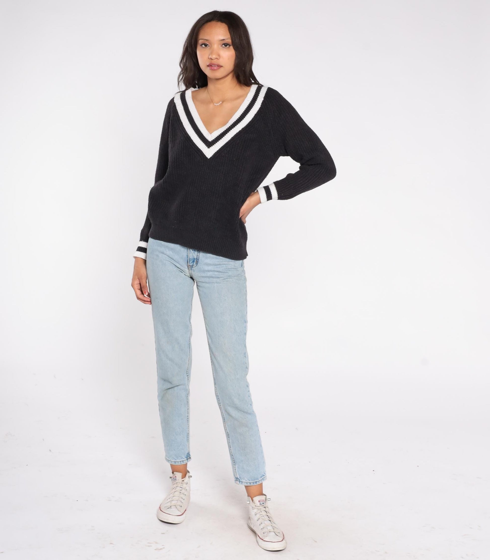 Y2K Black V-Neck Sweater White Trim Rib Knit Pullover Large L
