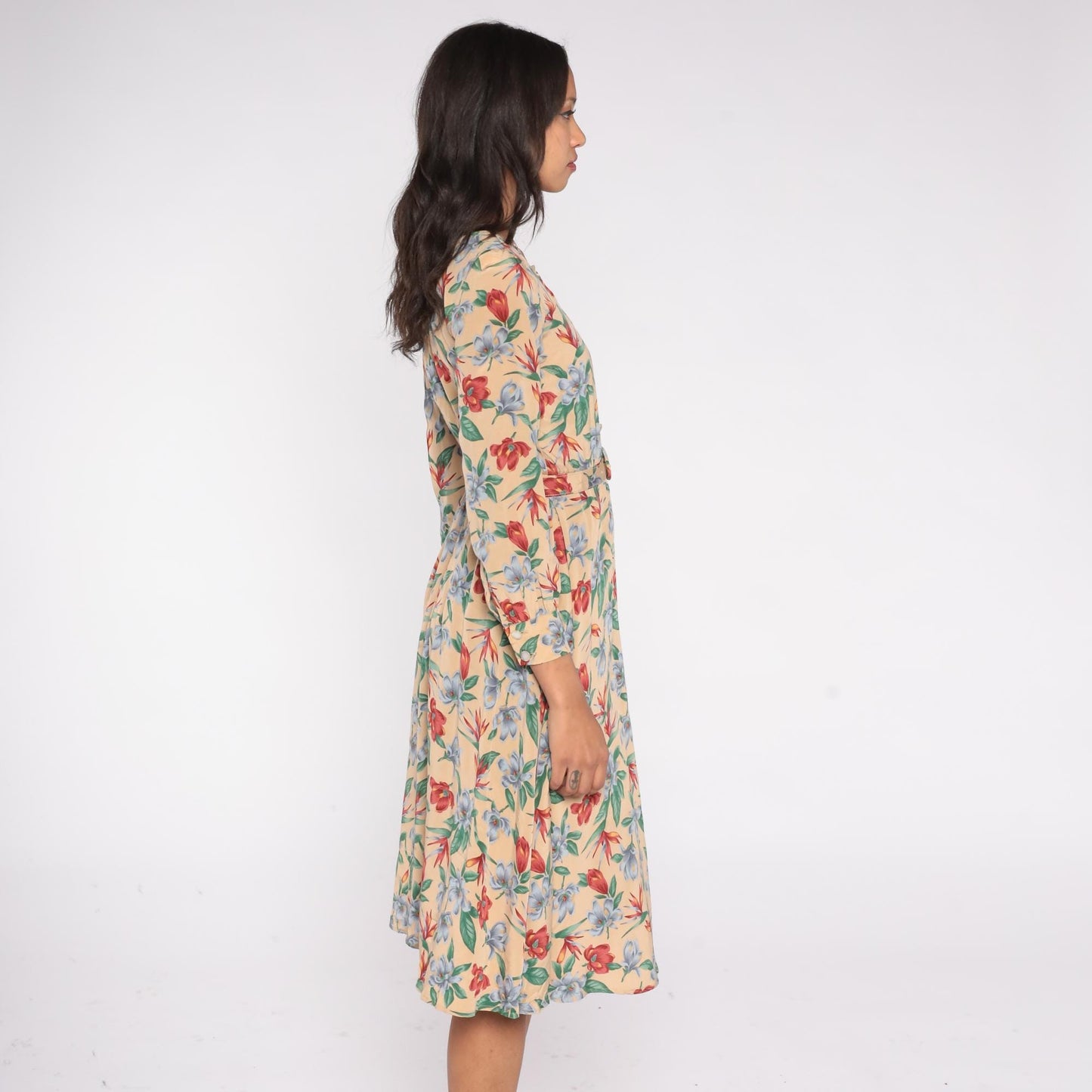 90s Liz Claiborne Floral Midi Dress Beige Rayon Button Front Belted Small