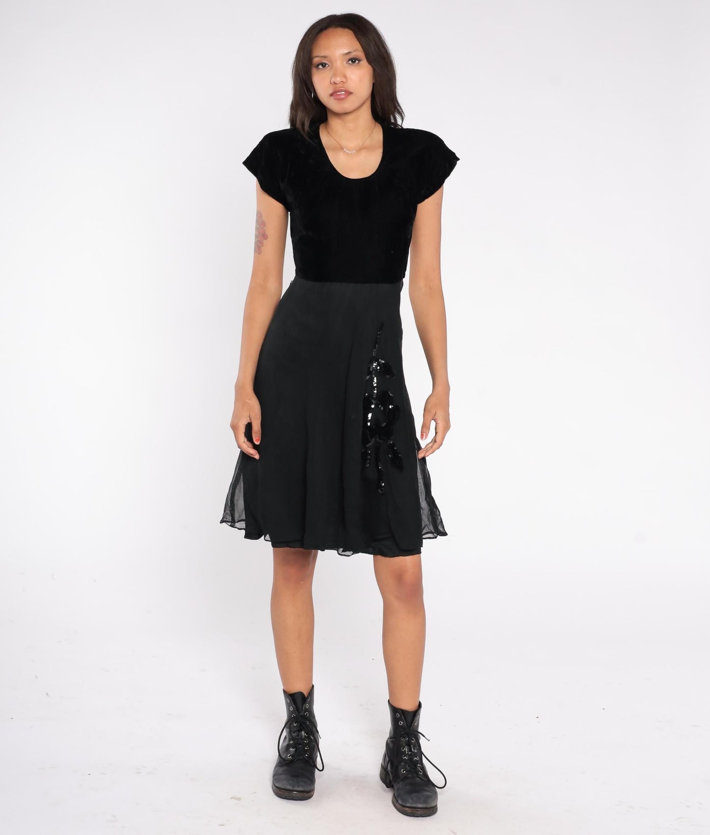 1940s Kayo Dress Black Velvet Sequin Floral Applique Fit and Flare Cocktail Dress Extra Small XS