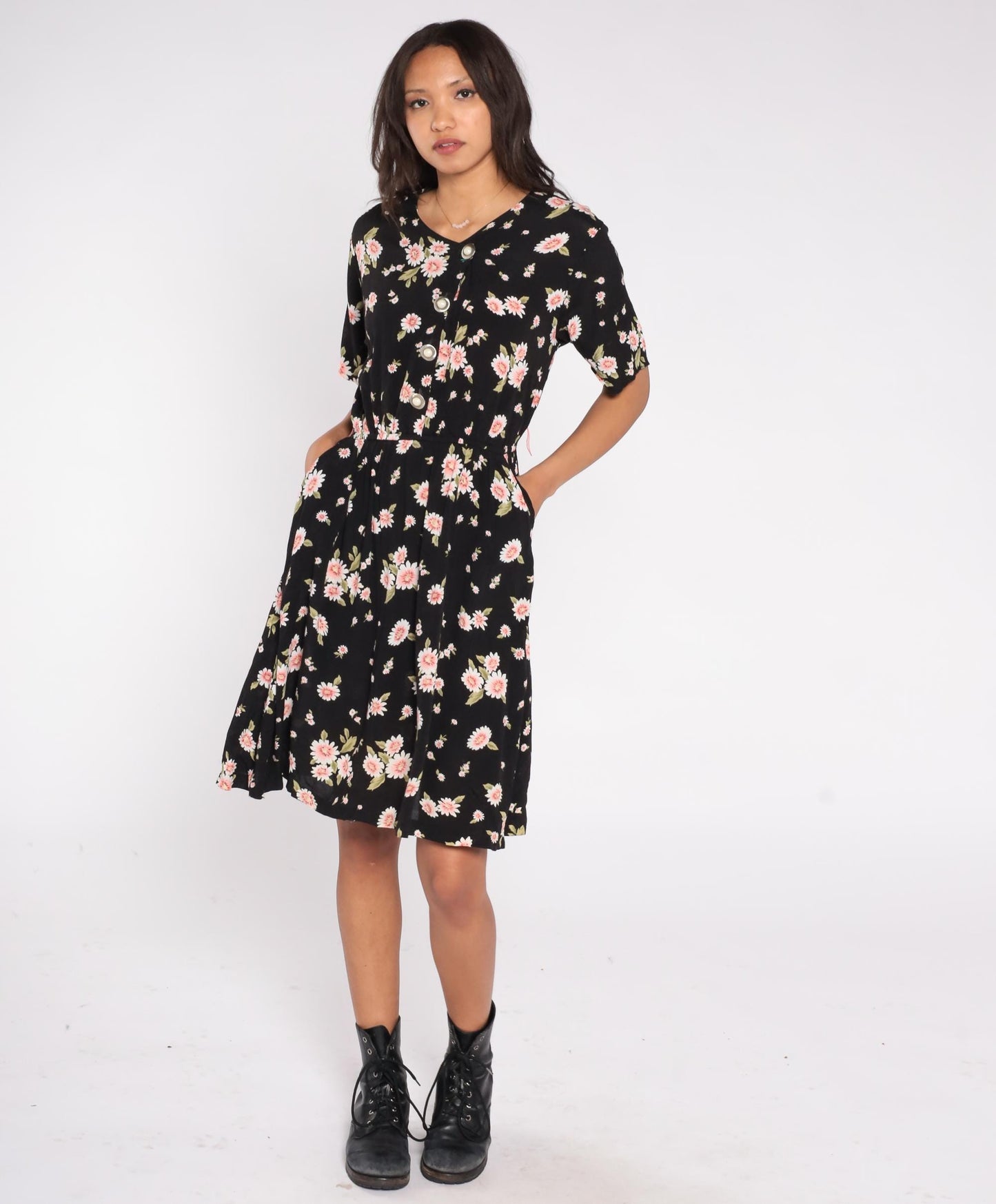 90s Esther Collection Black Daisy Floral Midi Dress Pink Print Small