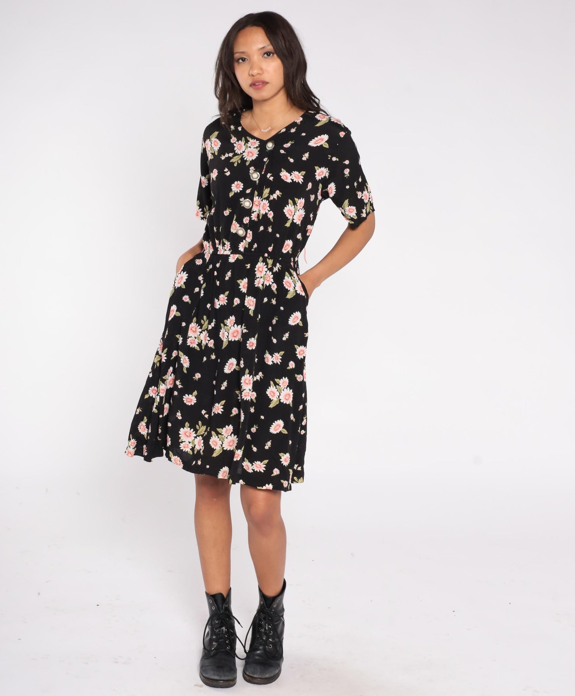 90s Esther Collection Black Daisy Floral Midi Dress Pink Print Small