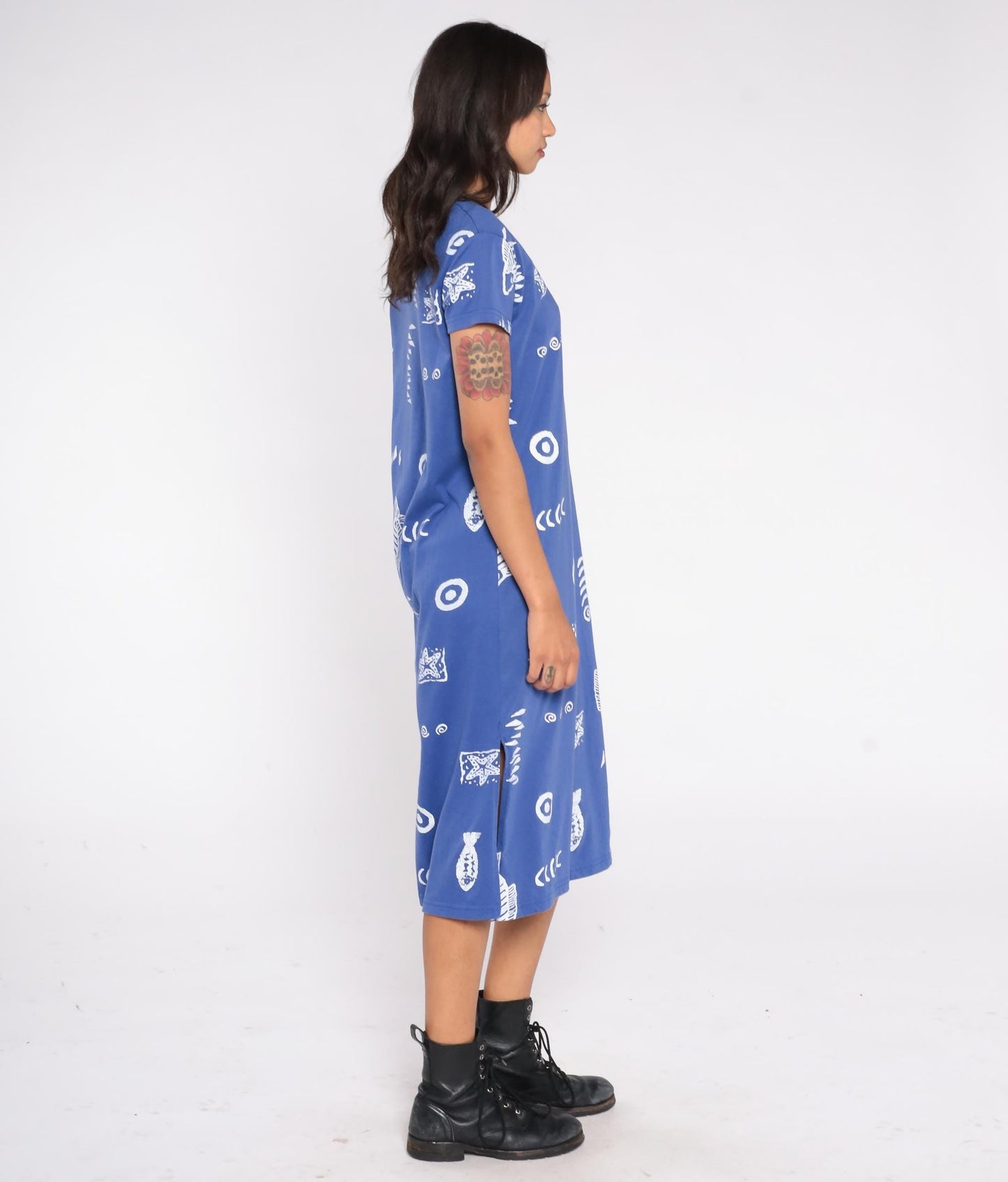 90s Exist Sport Line Blue Fish Print Midi Dress Scoop Neck Short Sleeve Small