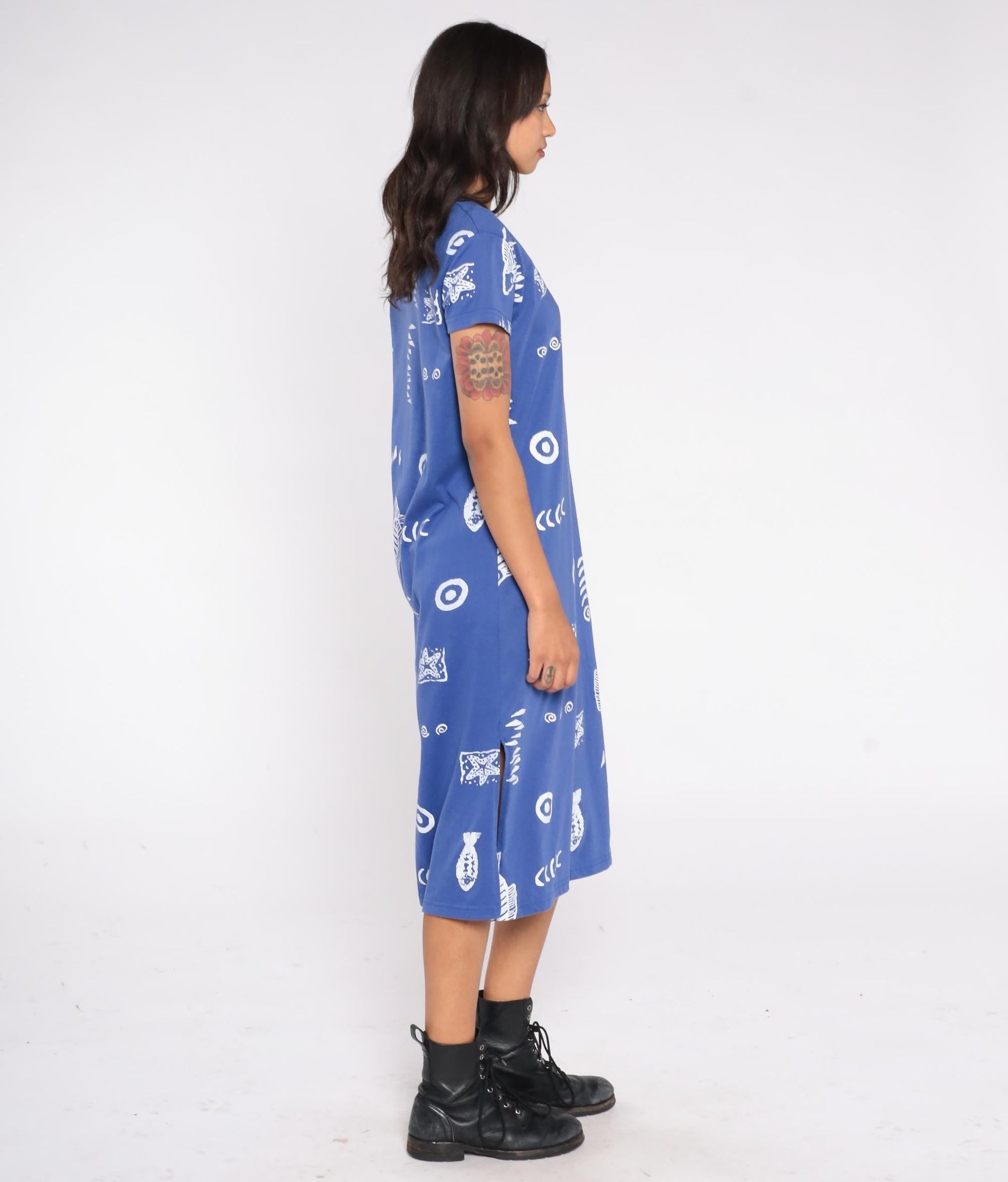90s Exist Sport Line Blue Fish Print Midi Dress Scoop Neck Short Sleeve Small