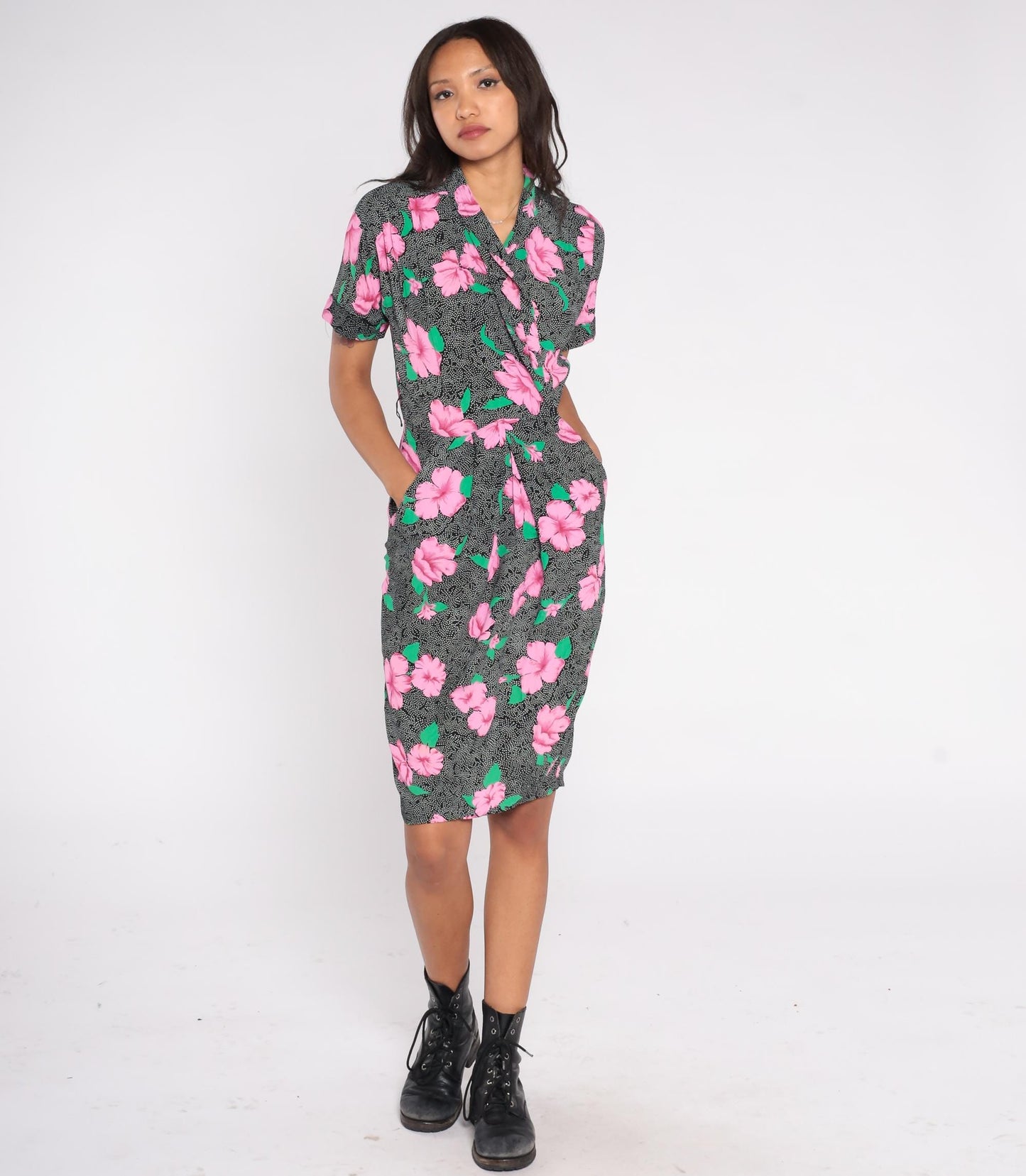 90s Jackie Bernard Floral Wrap Dress Pink Hibiscus Black Knee Length Small