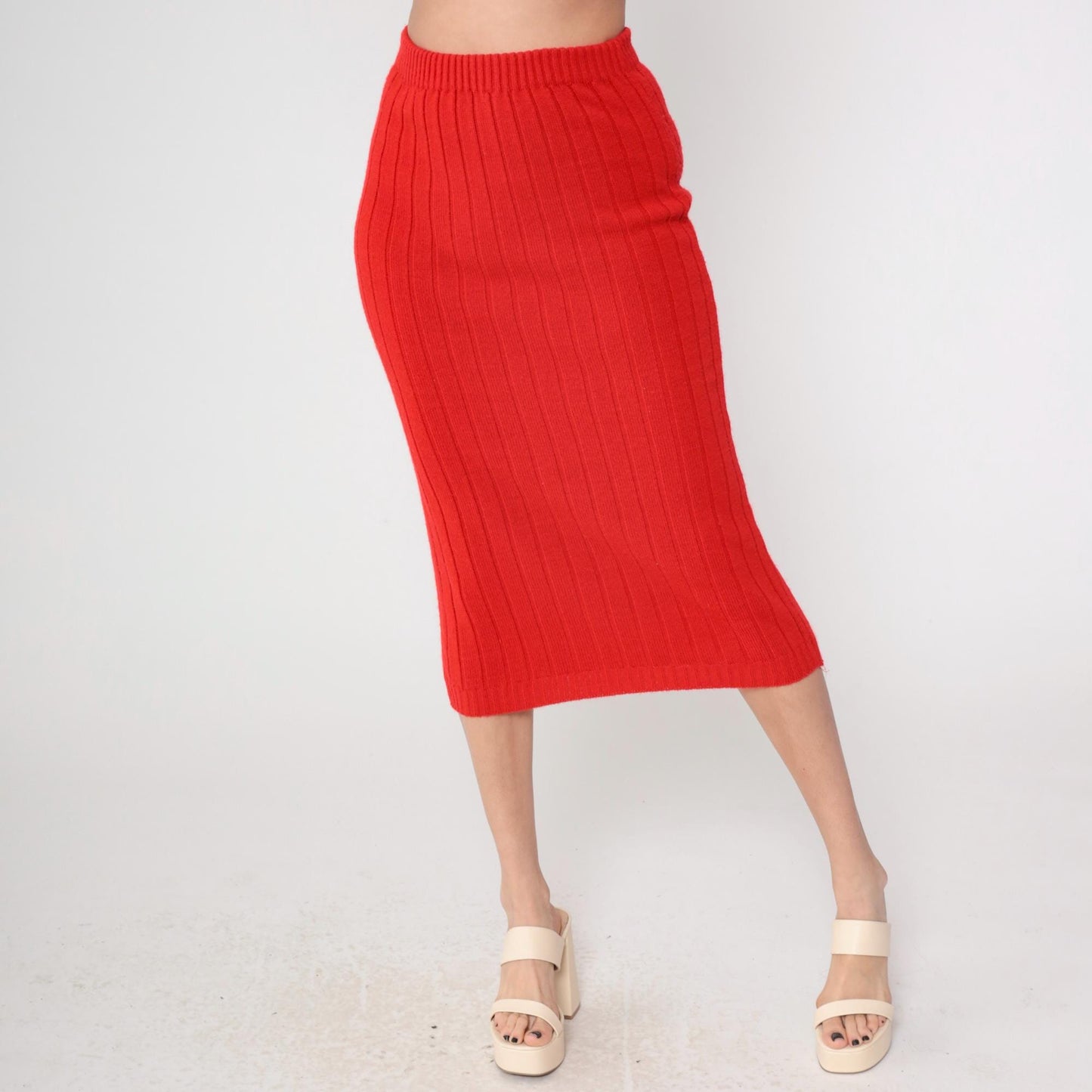 70s Red Ribbed Knit Mini Skirt High Waist A-Line Small