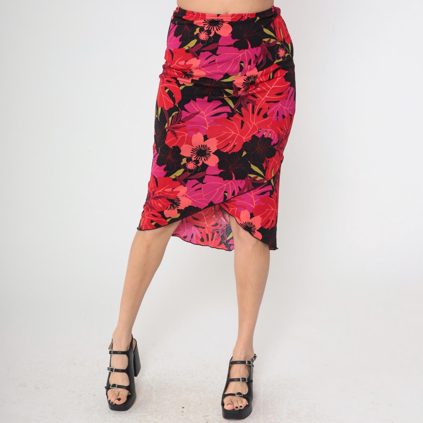 Y2K Heart and Soul Tropical Print Midi Pencil Skirt Pink Black Red Small