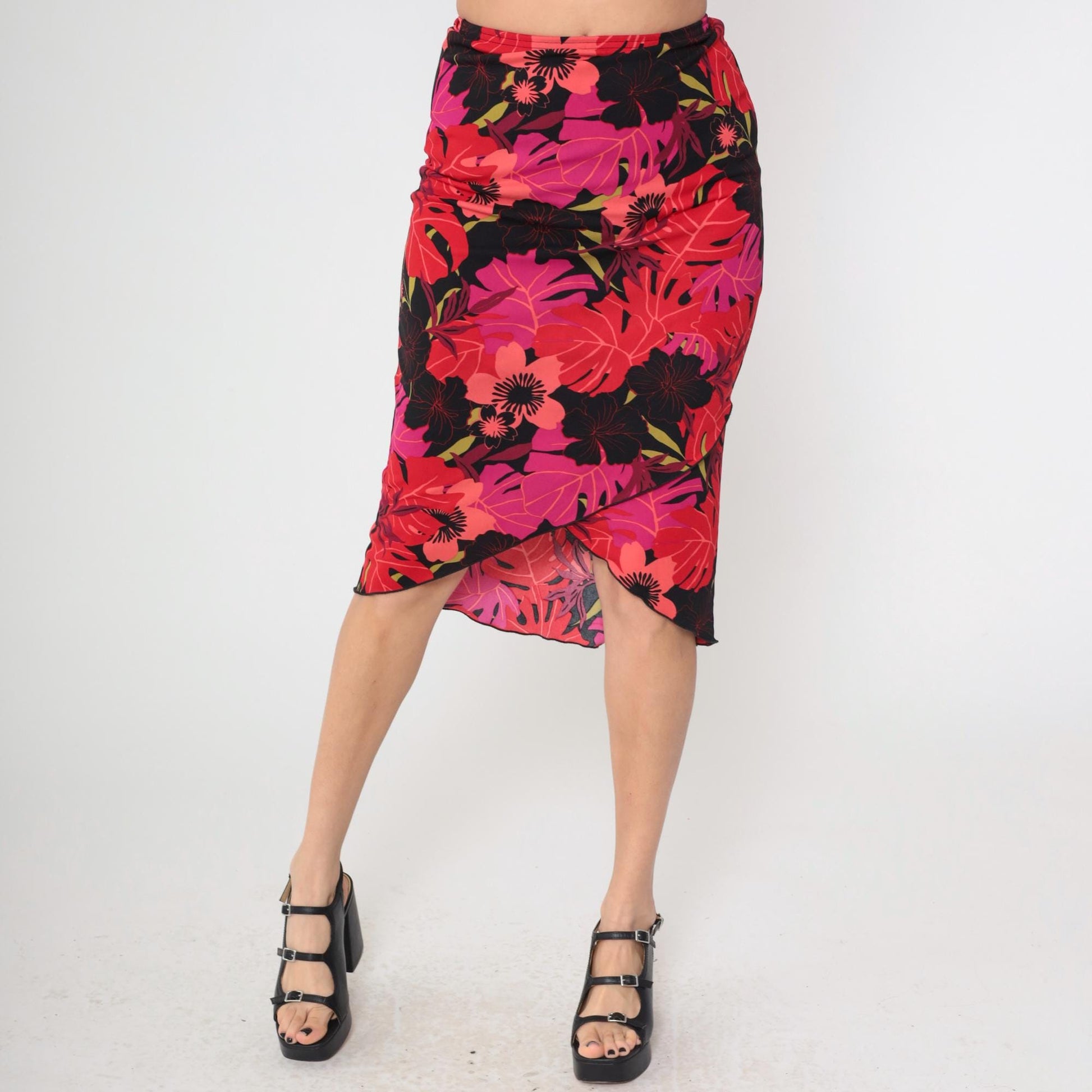 Y2K Heart and Soul Tropical Print Midi Pencil Skirt Pink Black Red Small