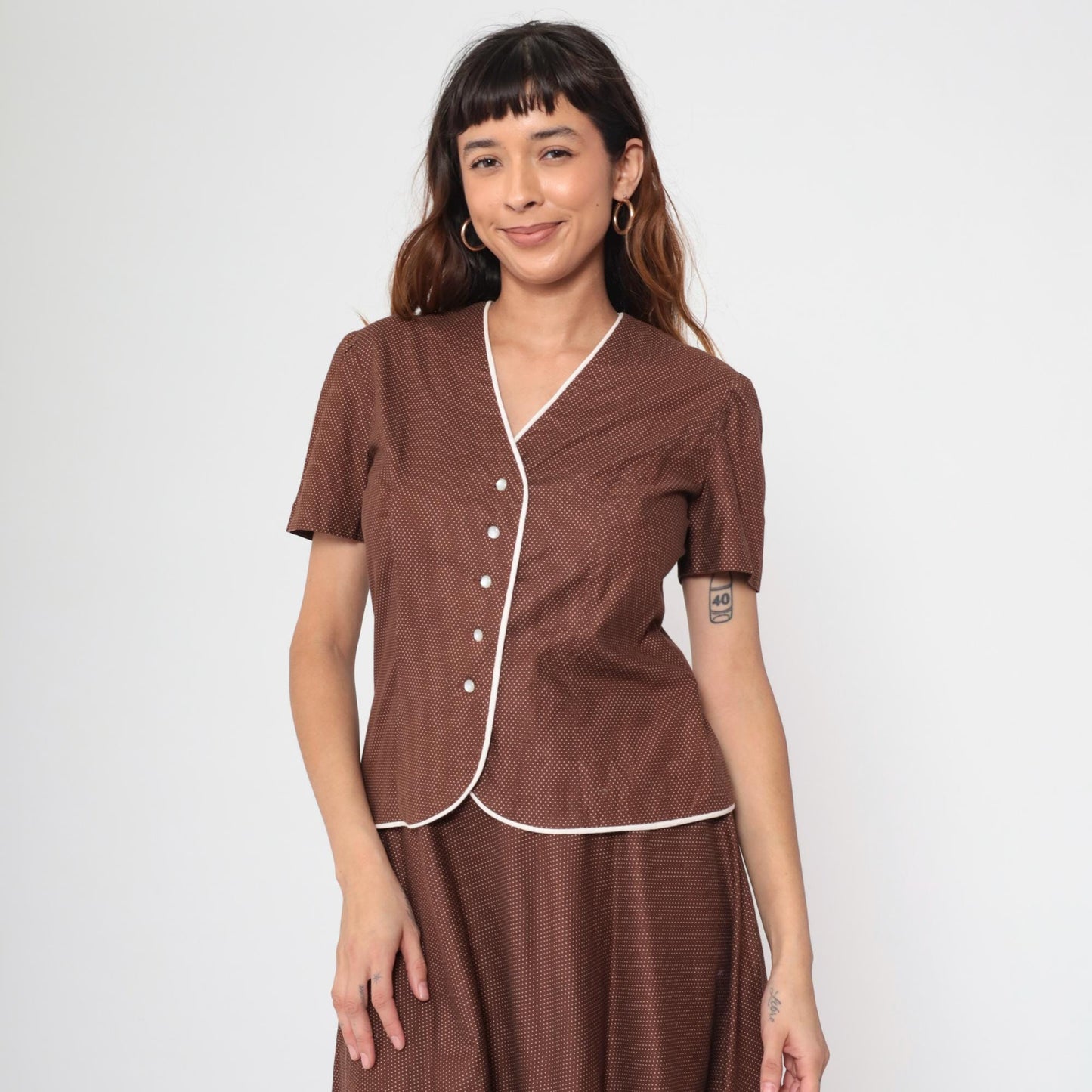 70s Brown Swiss Dot Two Piece Set Short Sleeve Blouse Pleated Mini Skirt Medium