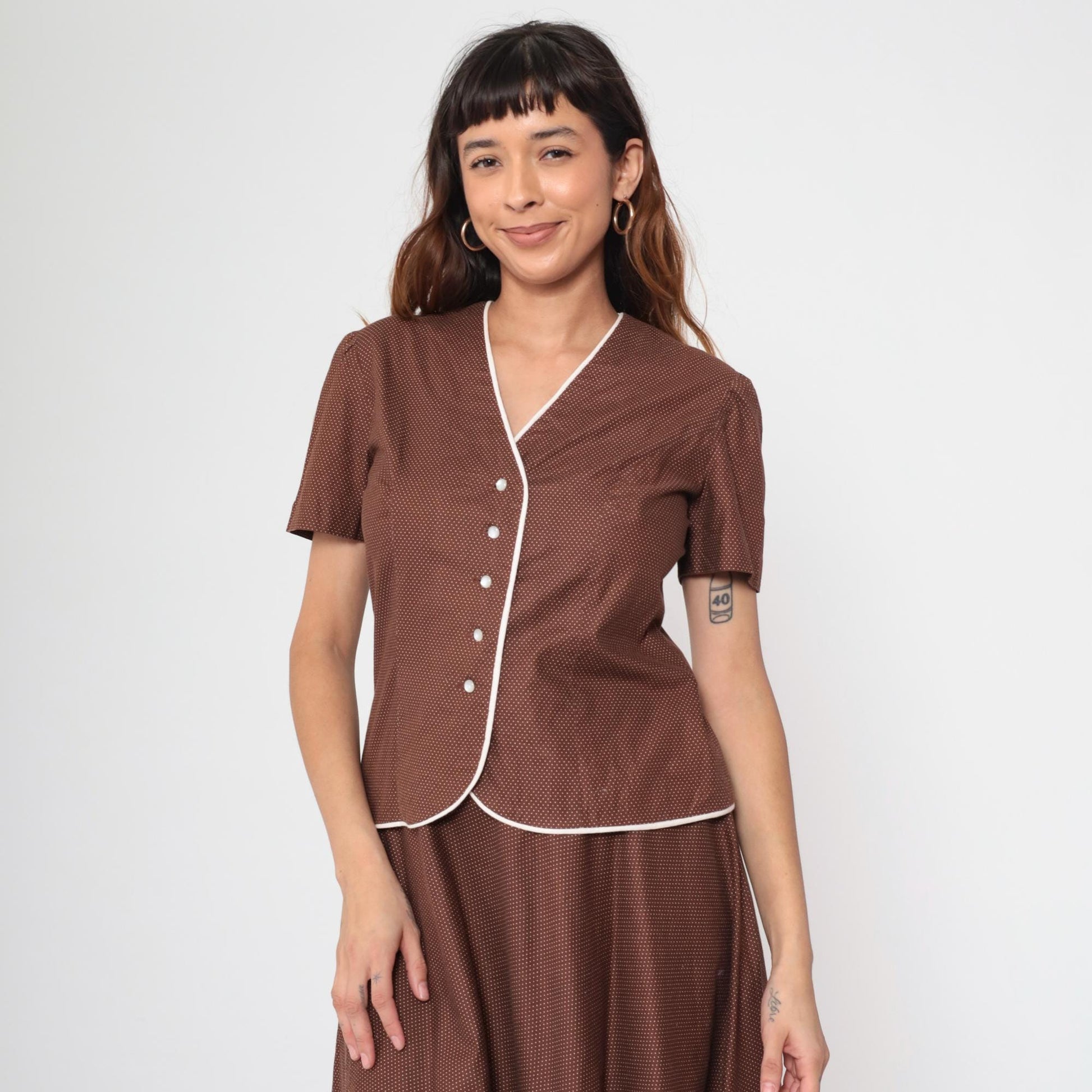 70s Brown Swiss Dot Two Piece Set Short Sleeve Blouse Pleated Mini Skirt Medium