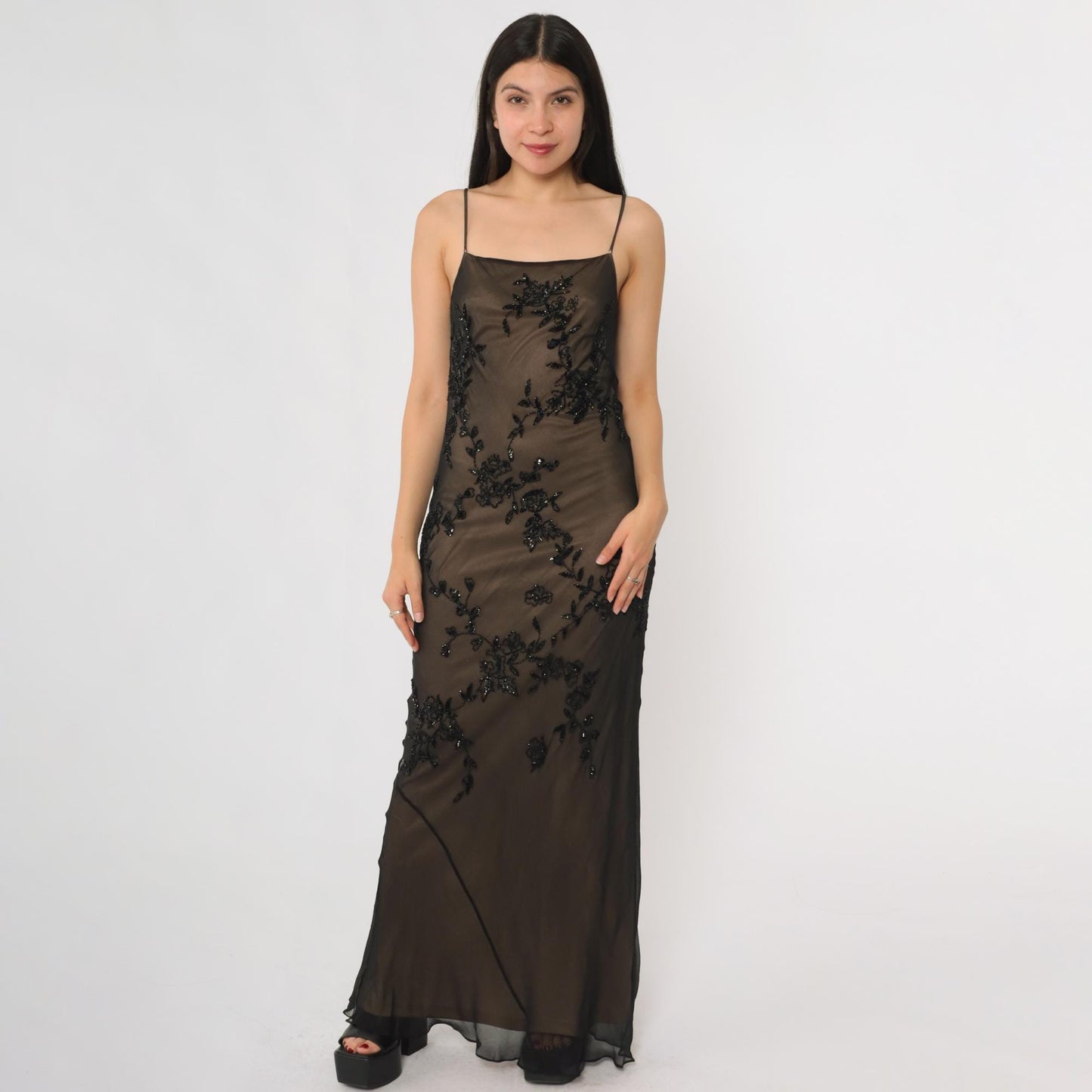 Y2K Marina Bresler Black Silk Beaded Maxi Slip Dress Small S