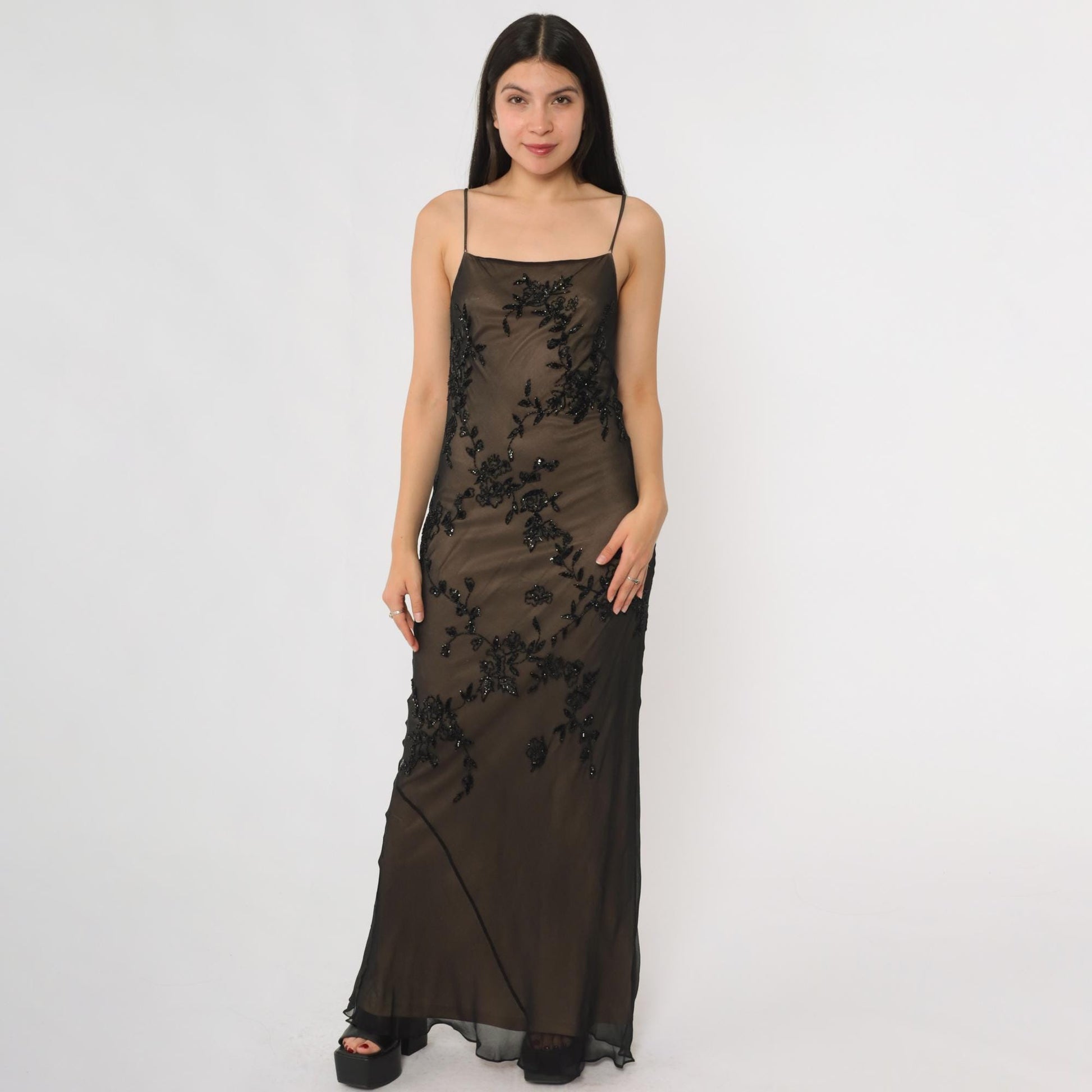 Y2K Marina Bresler Black Silk Beaded Maxi Slip Dress Small S