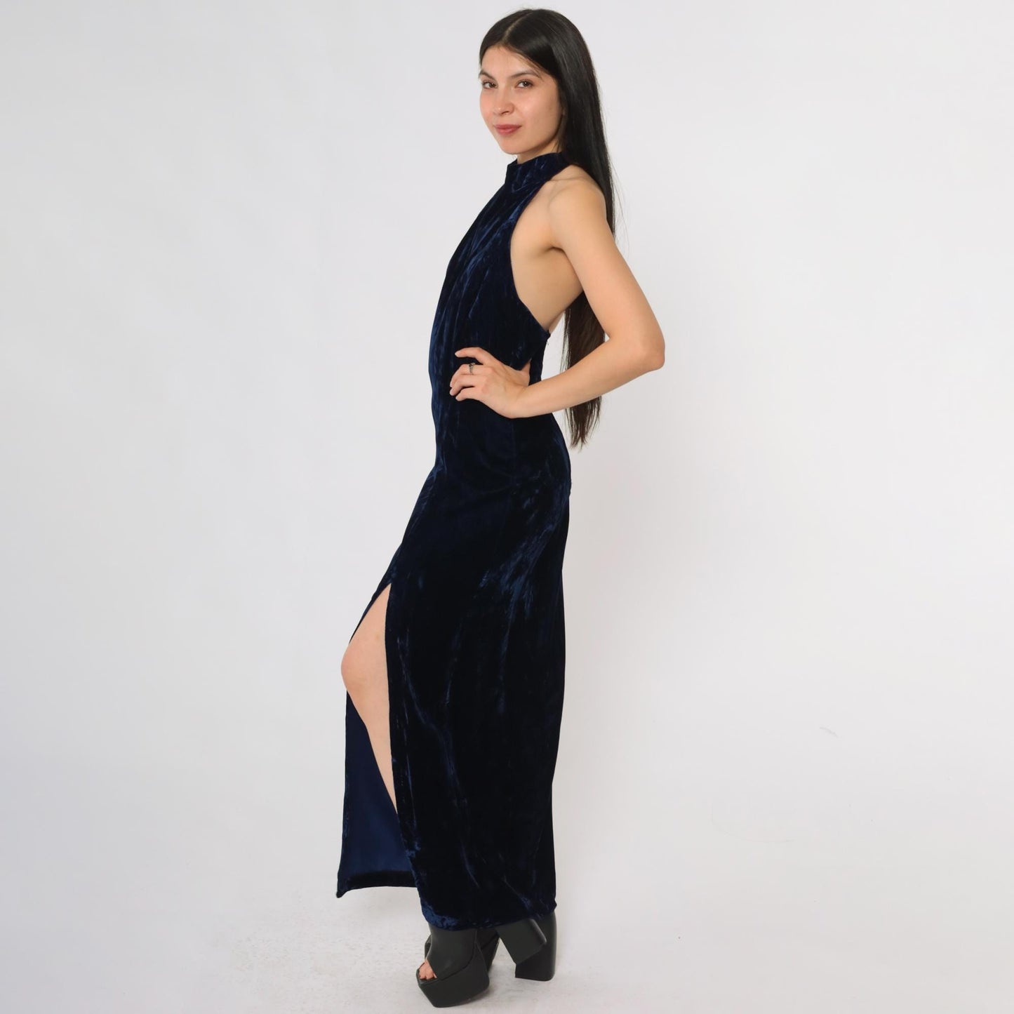 90s Navy Velvet Halter Maxi Dress Susan Roselli Open Back Small