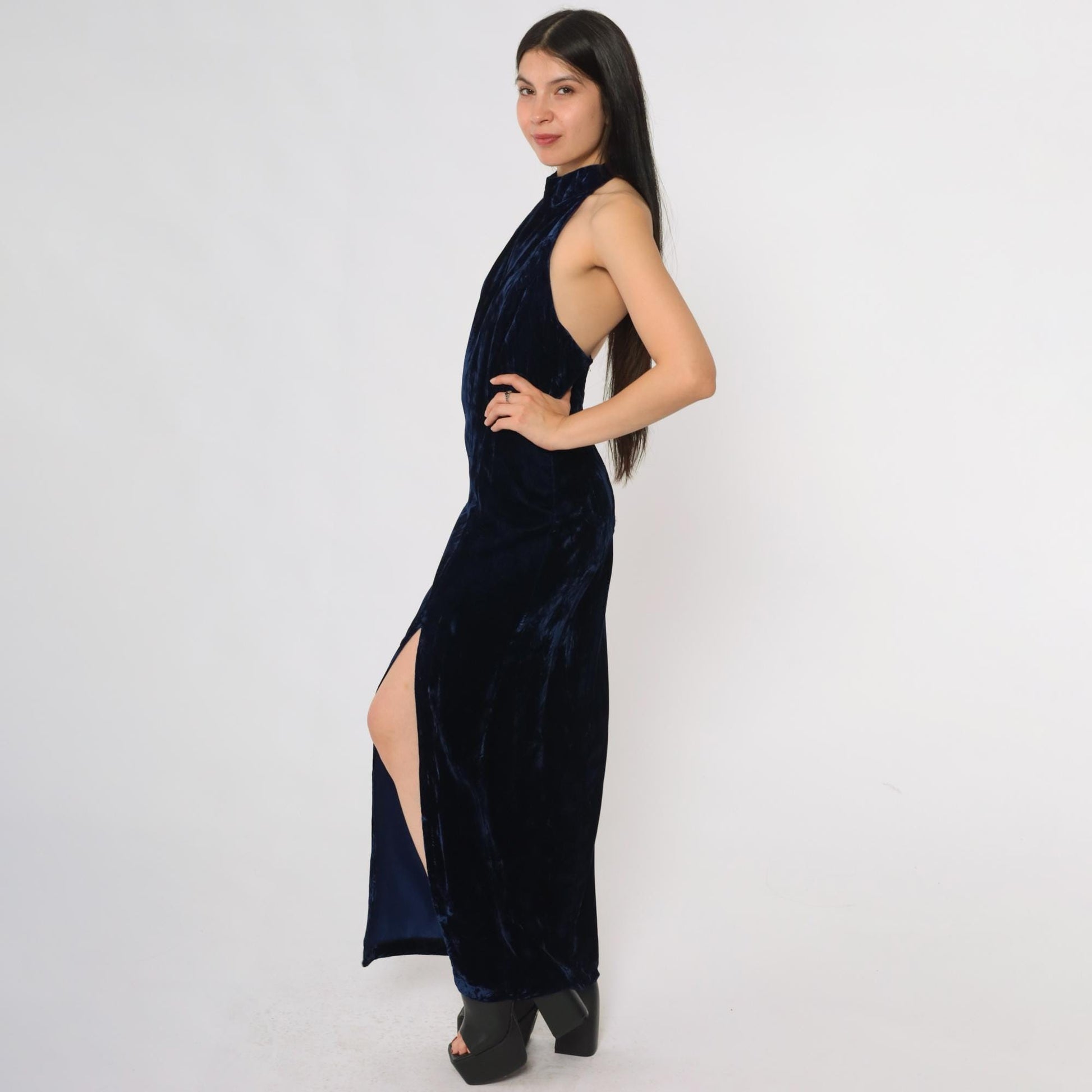 90s Navy Velvet Halter Maxi Dress Susan Roselli Open Back Small