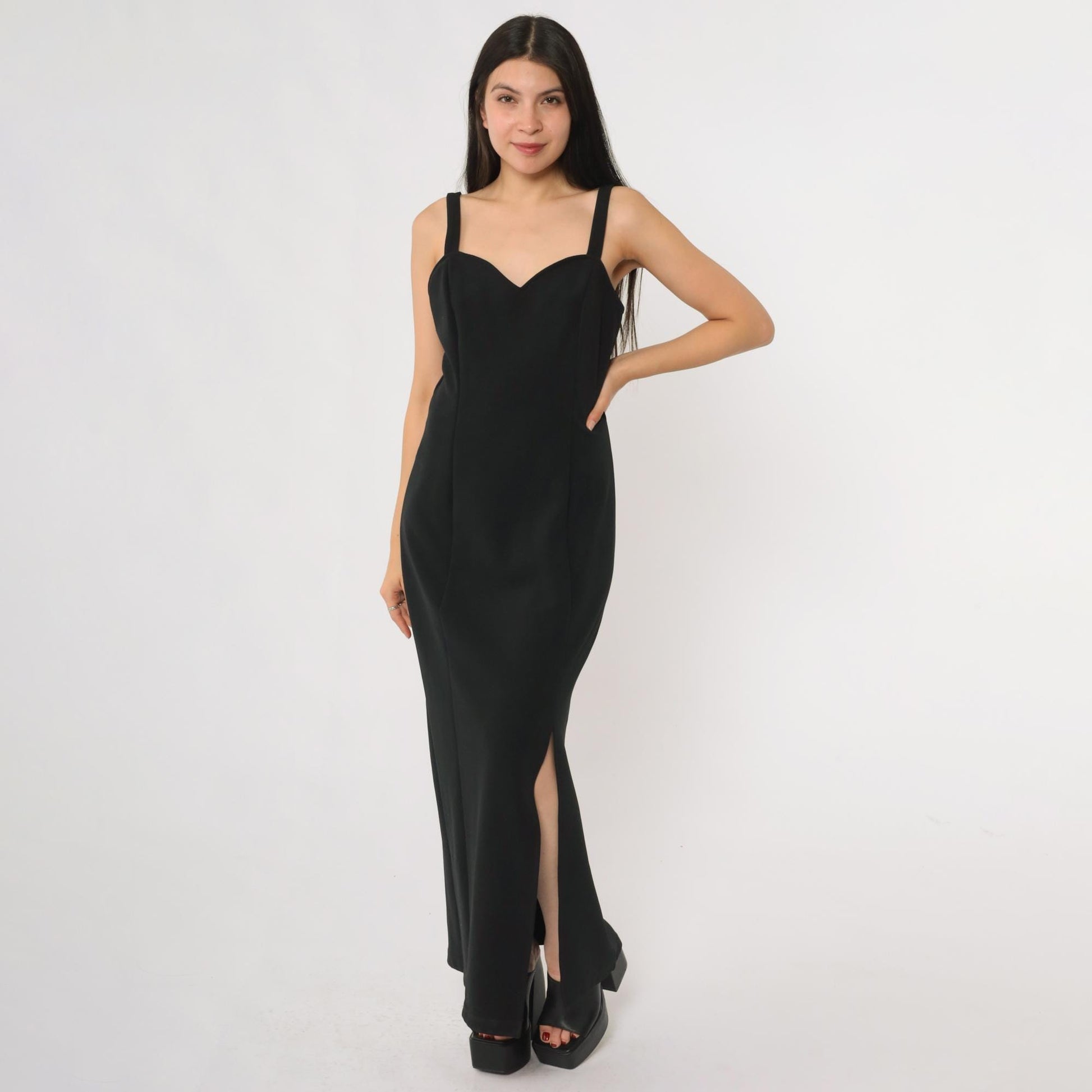 90s Black Velvet Maxi Gown Sweetheart Neckline Side Slit Medium M