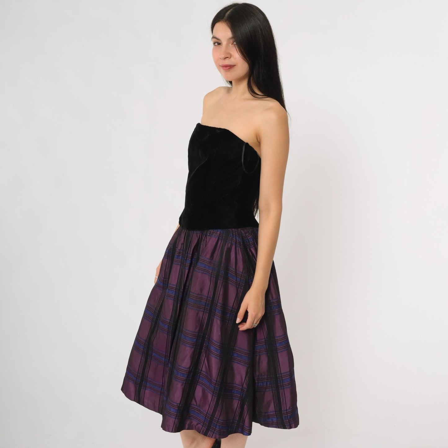 90s Scott McClintock Strapless Velvet Bodice Party Dress Purple Plaid Small