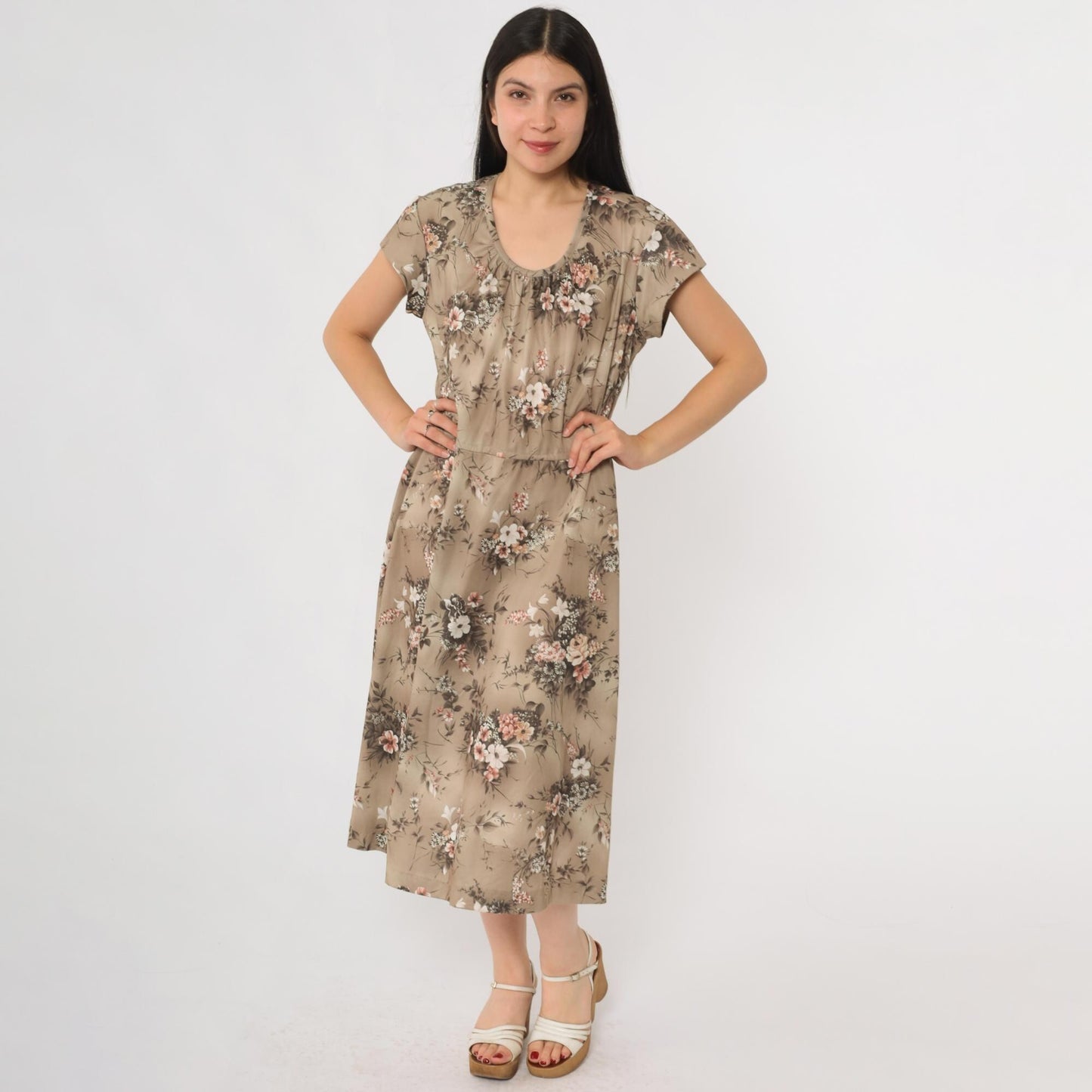 70s Floral Midi Day Dress Beige Taupe Multicolor Print Short Sleeve Large L