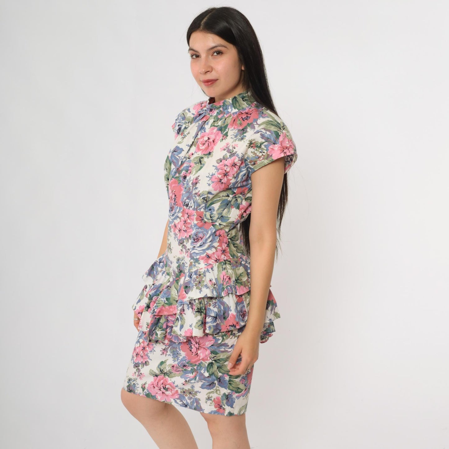 90s Teal Floral Mini Dress Button Front High Neck Flutter Sleeve Small