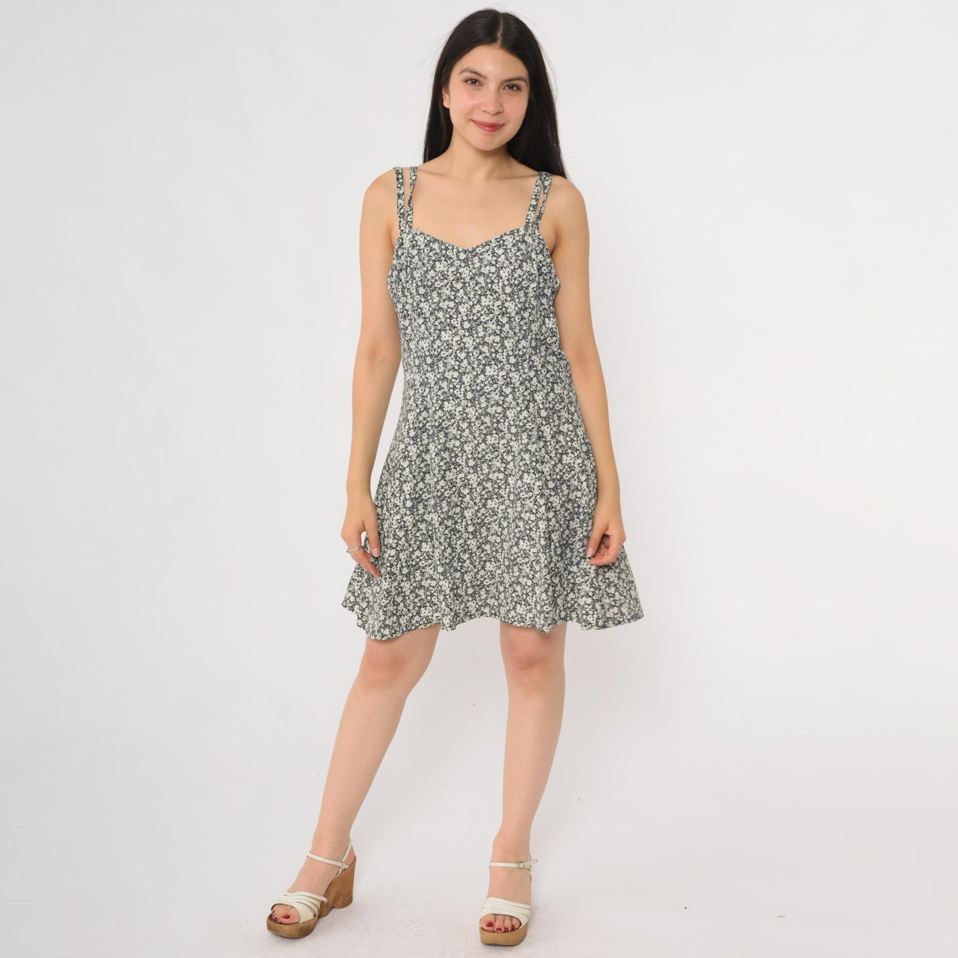 90s Navy Floral Mini Sundress Double Strap Sweetheart Neckline Small S