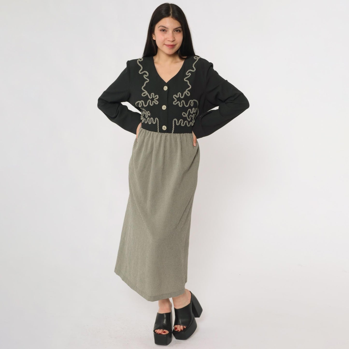 90s Kim Rogers Black Gingham Maxi Dress Embroidered Button Down Long Sleeve Large L
