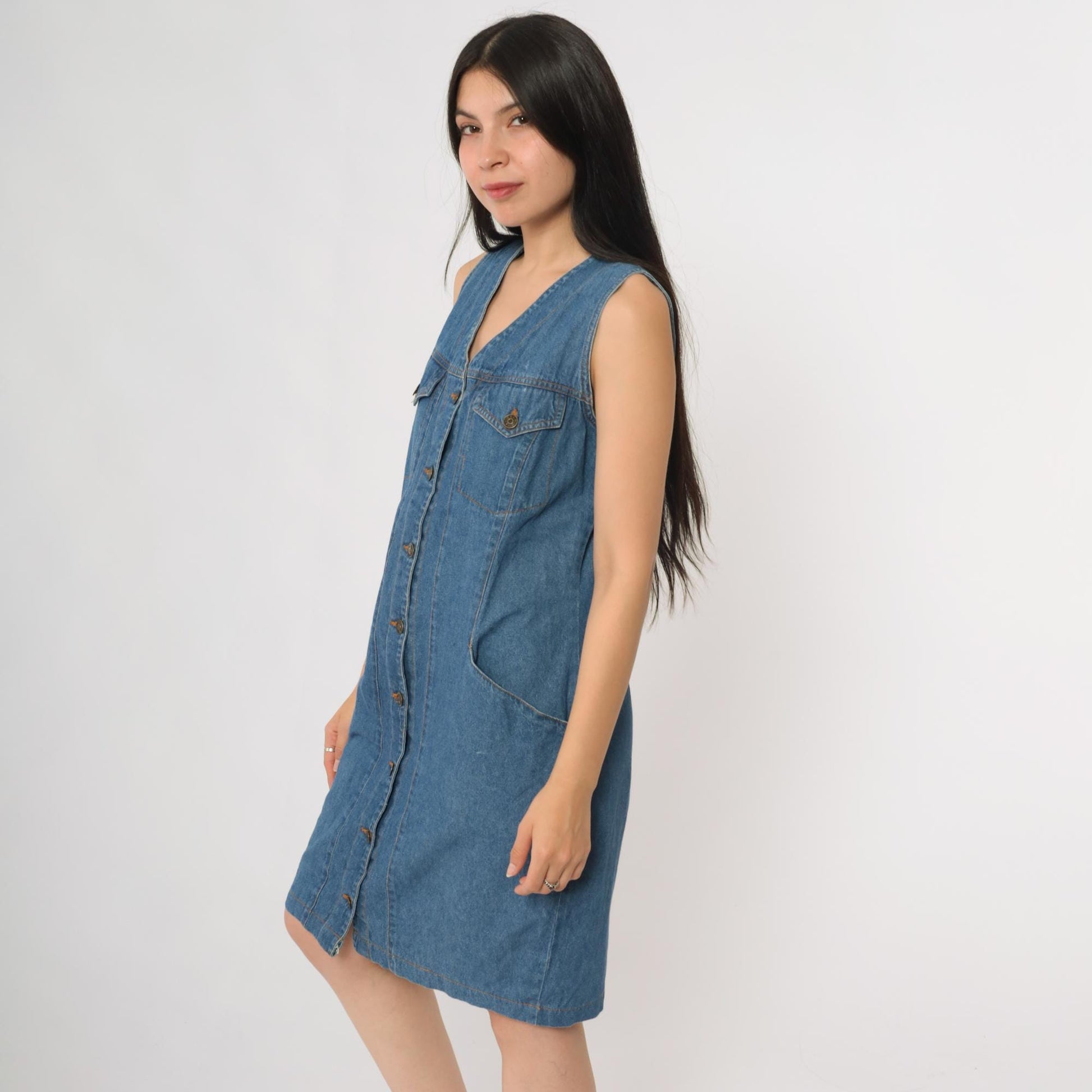 90s WilliWear Denim Dress Button Front V Neck Mini Blue Cotton Medium