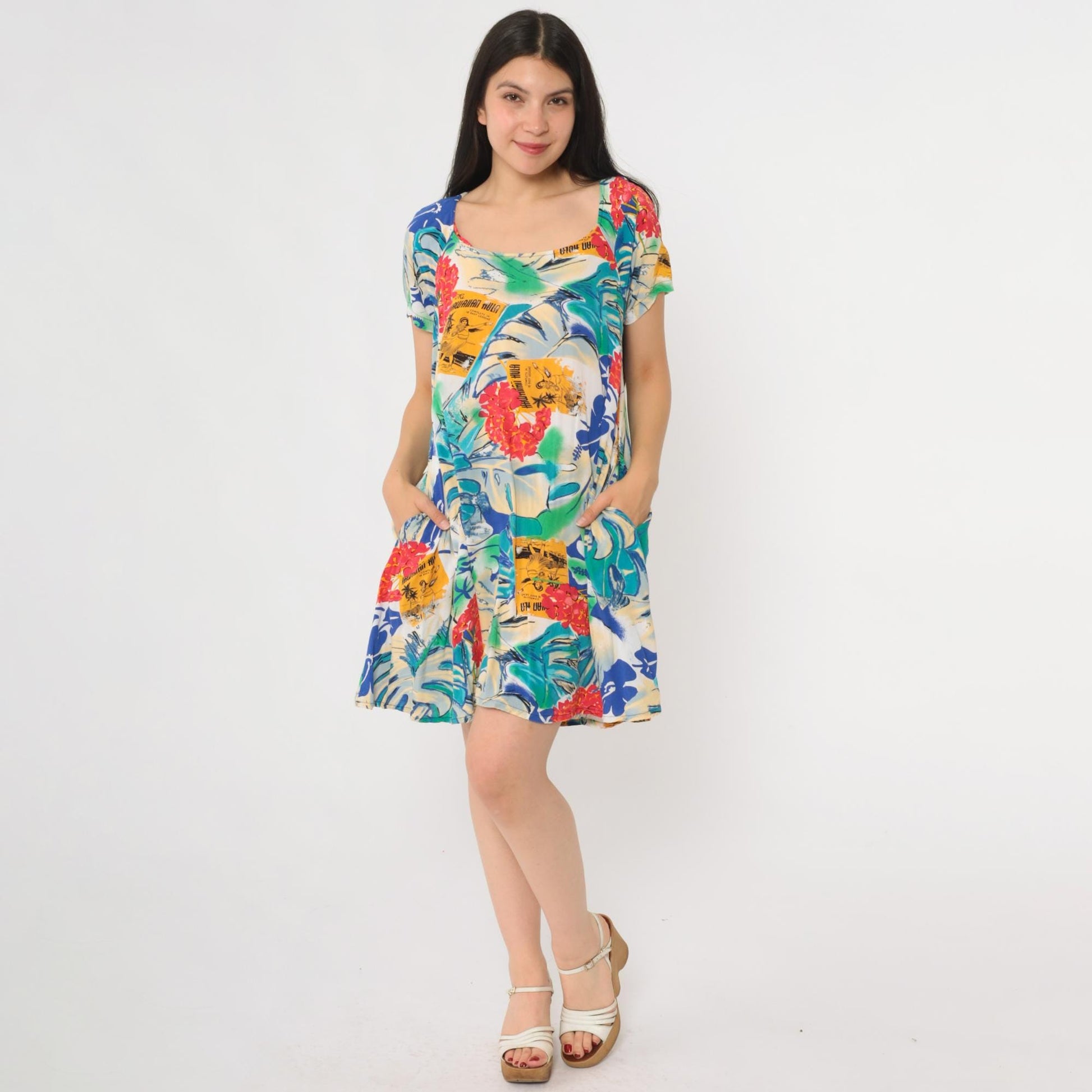 Y2K Jam's World Mini Dress Tropical Postcard Print Rayon Small S
