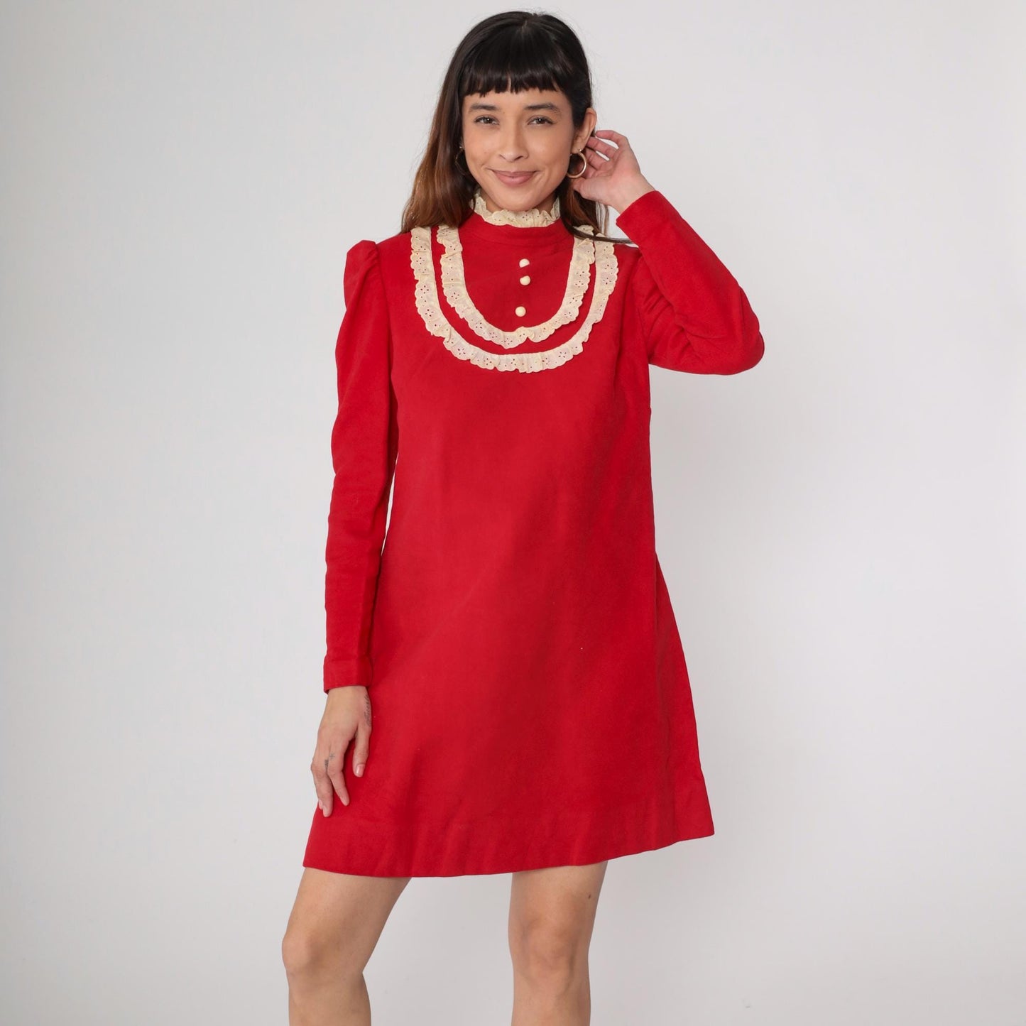 1960s Red Velour Mini Dress Eyelet Lace Puff Sleeve Small