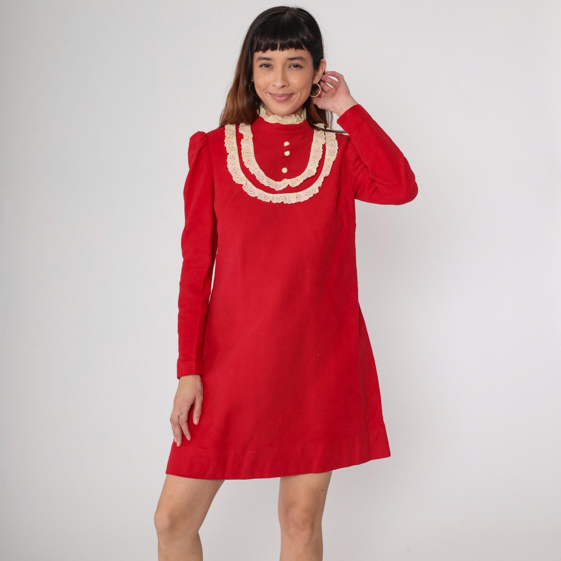 1960s Red Velour Mini Dress Eyelet Lace Puff Sleeve Small