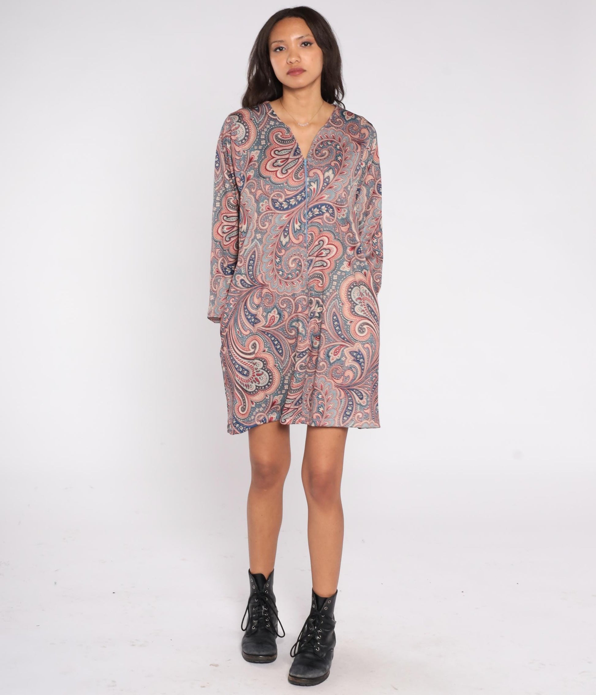 80s Paisley Mini Dress Blue Pink V-Neck Long Sleeve Zip Shift Large L