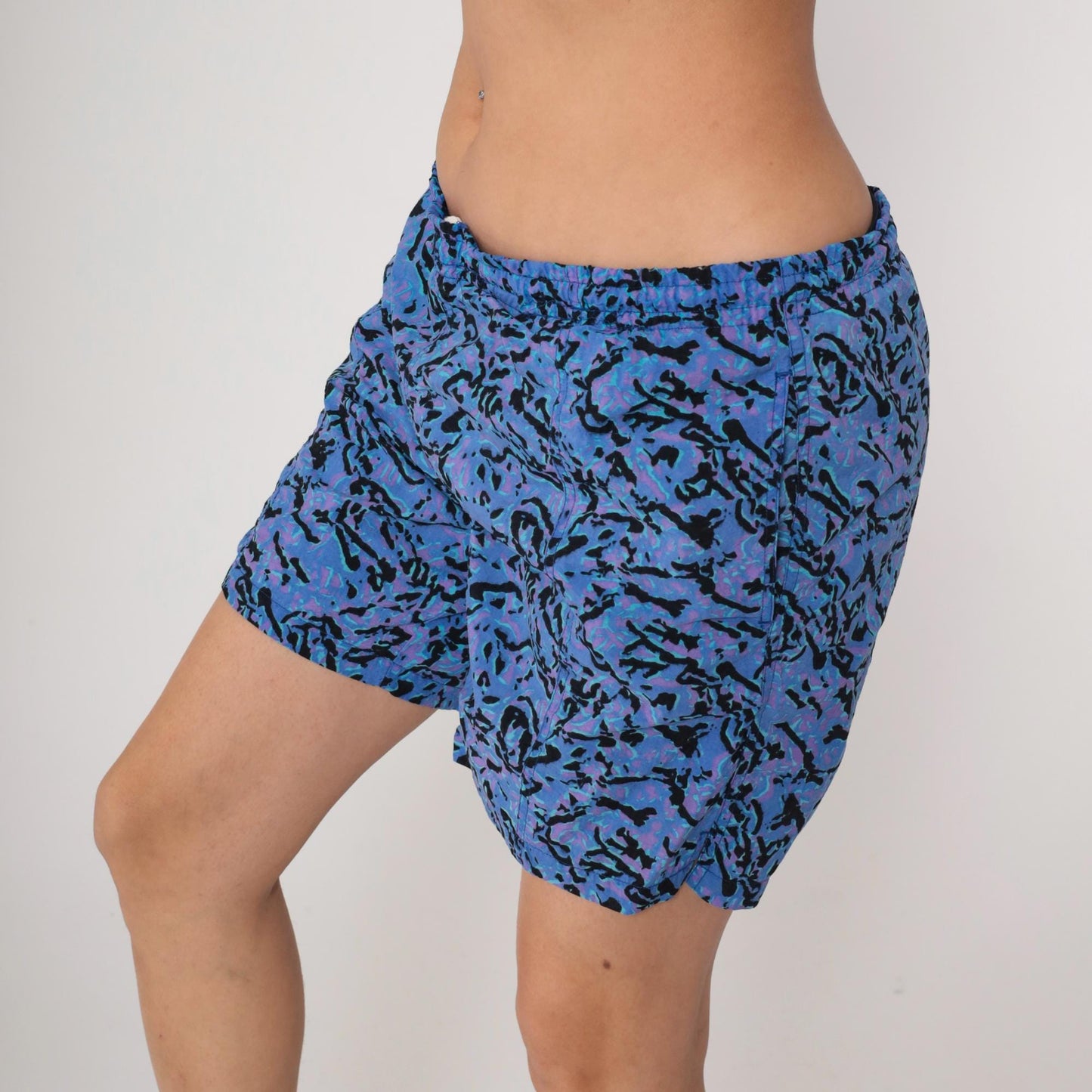 90s Athletic Works Abstract Swim Trunks Blue Purple Black Nylon Medium