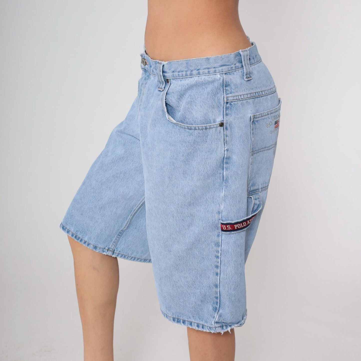 Y2K US Polo Association Carpenter Shorts Light Wash Denim Cargo Utility 36