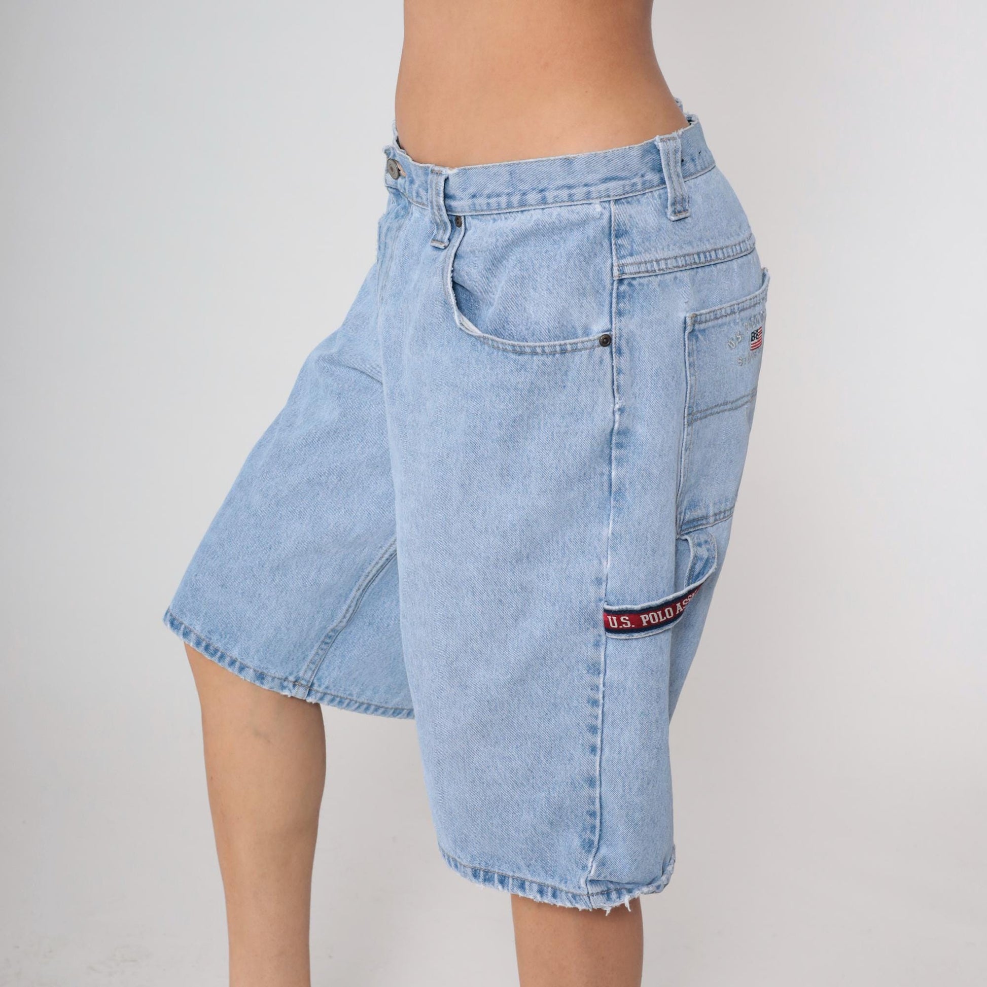Y2K US Polo Association Carpenter Shorts Light Wash Denim Cargo Utility 36