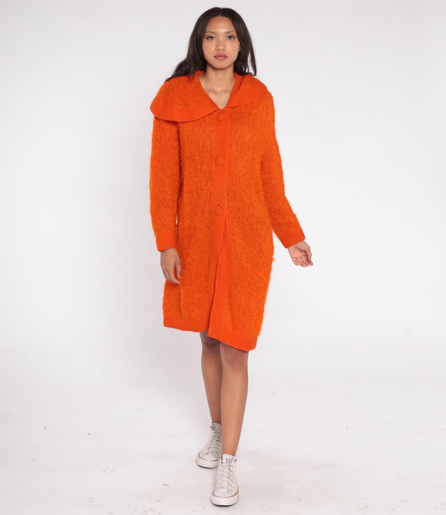 70s Mur Elen California Orange Boucle Cardigan Coat Maxi Length Small
