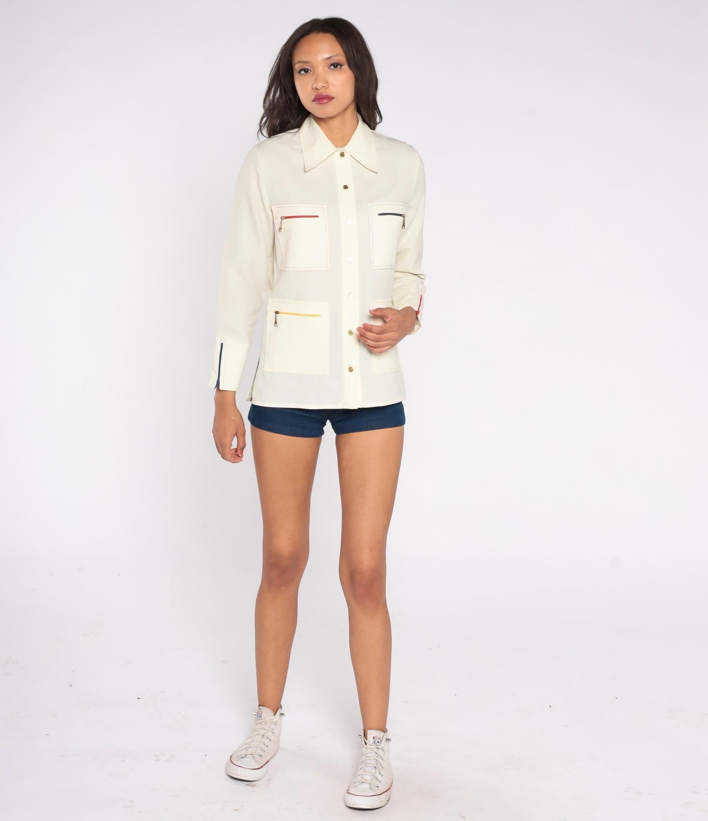 70s King James California Cream Shirt Colorful Zipper Pockets Medium