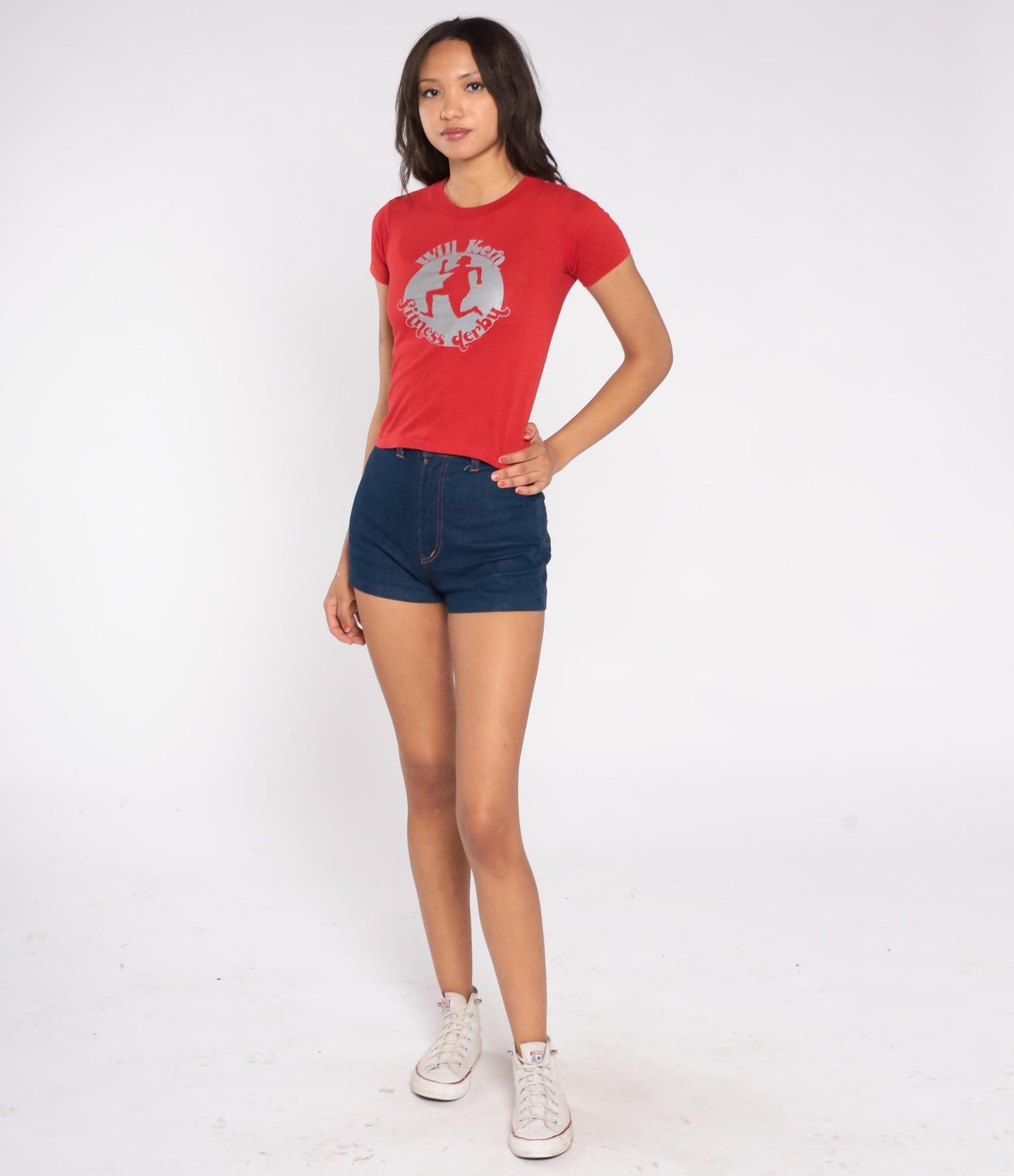 80s Will Kern Fitness Derby Graphic T-Shirt Red Silver Crewneck Extra Small XS