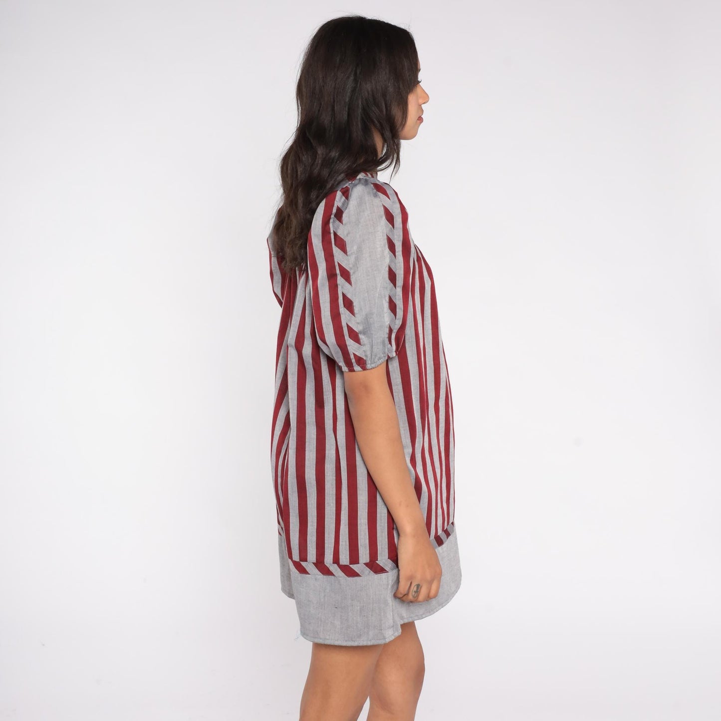 80s Mako Hawaii Striped Mini Dress Puff Sleeve Square Neck Red Grey Small