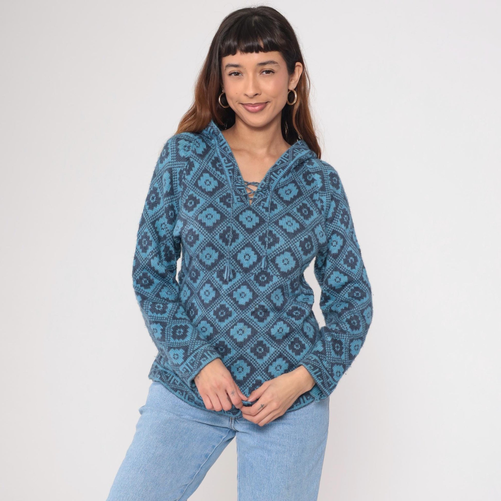 Y2K Slate Blue Geometric Southwest Hoodie Pullover Knit Medium M