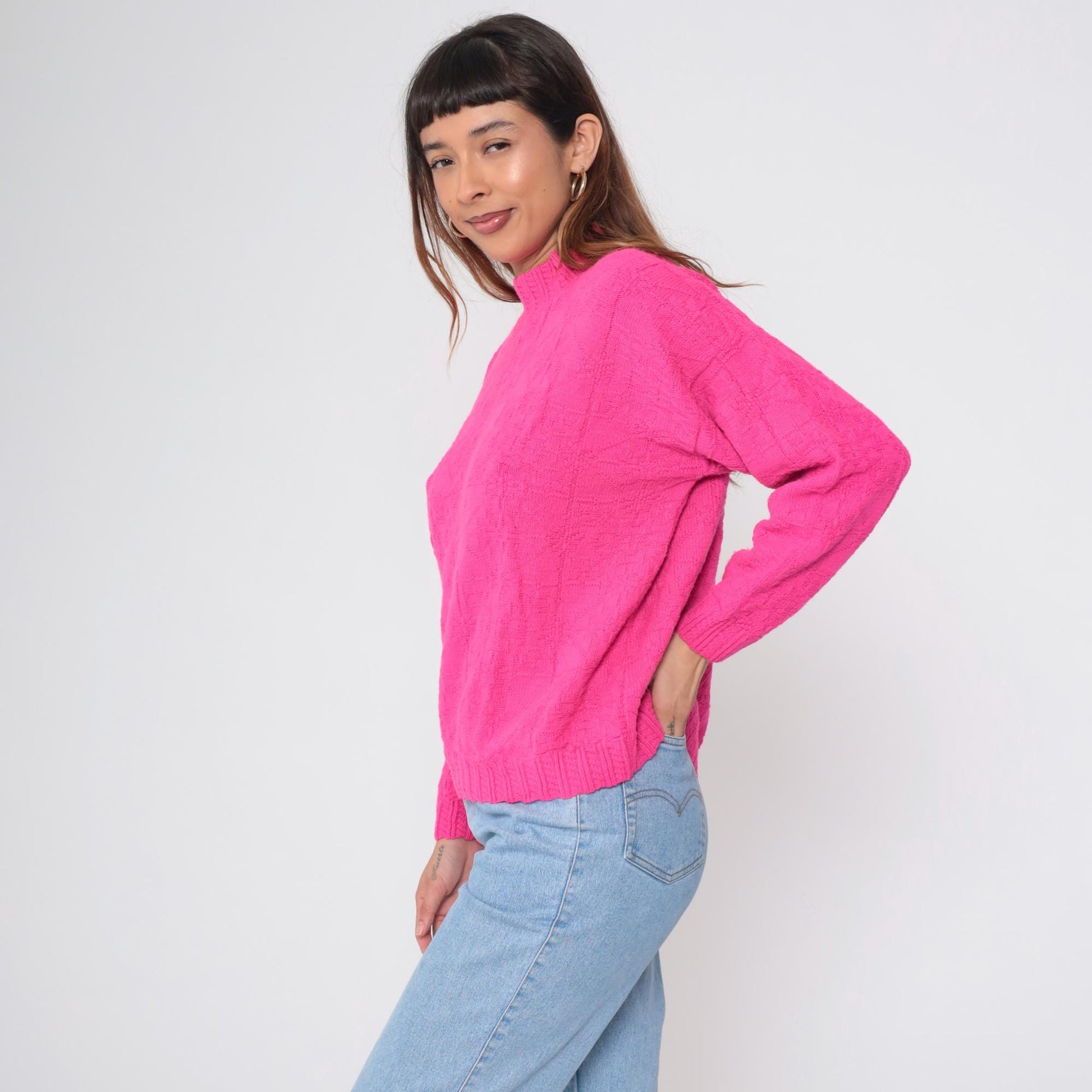90s Hot Pink Mock Neck Sweater Textured Geometric Knit Medium M