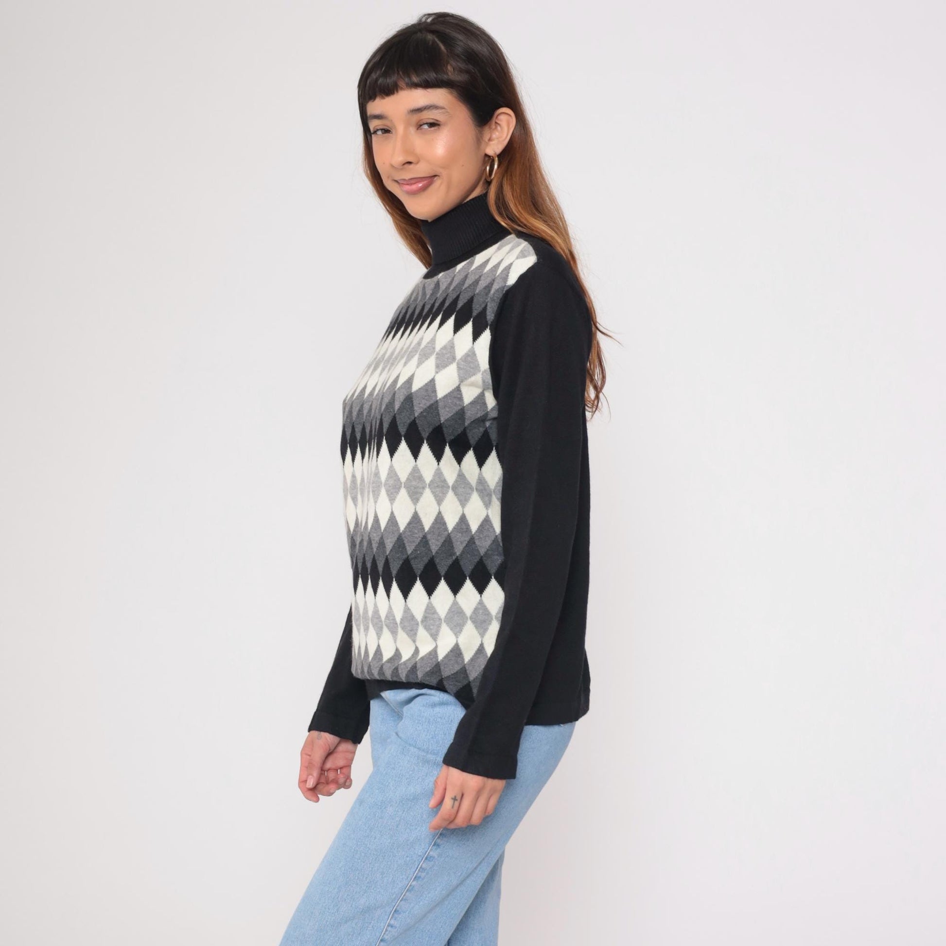 Y2K Argyle Turtleneck Sweater Black White Grey Diamond Knit Large L