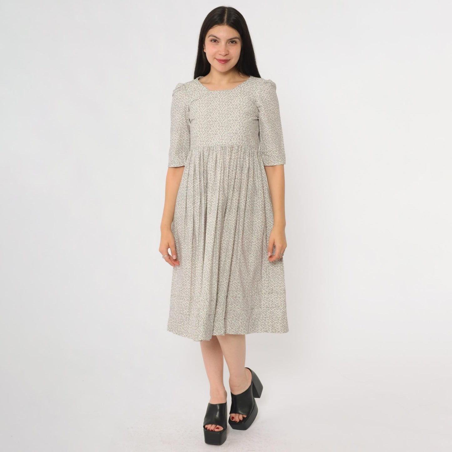 Y2K Colonial Williamsburg Ditsy Floral Prairie Dress Puff Sleeve Midi Tie-Back Extra Small XS
