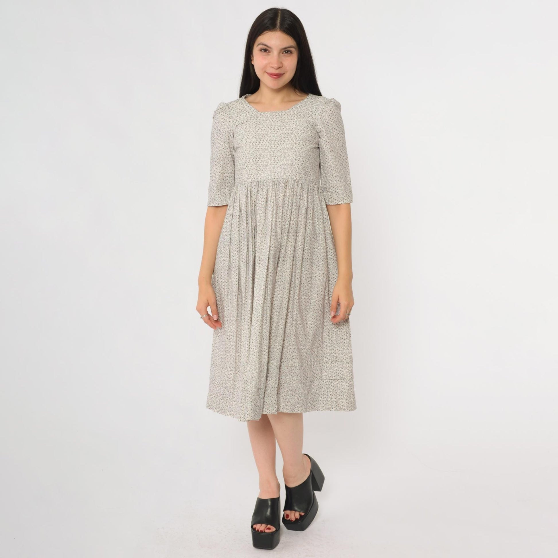 Y2K Colonial Williamsburg Ditsy Floral Prairie Dress Puff Sleeve Midi Tie-Back Extra Small XS