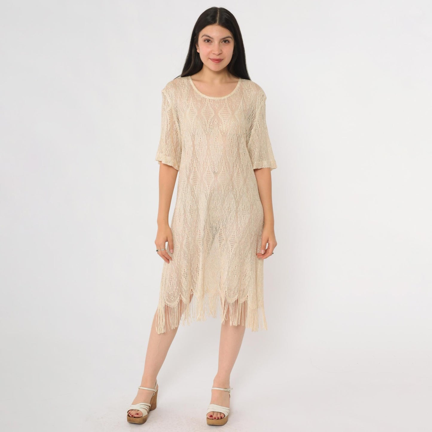 90s Sharade Nites Crochet Mini Dress Cream Metallic Fringe Scalloped Hem Size 16