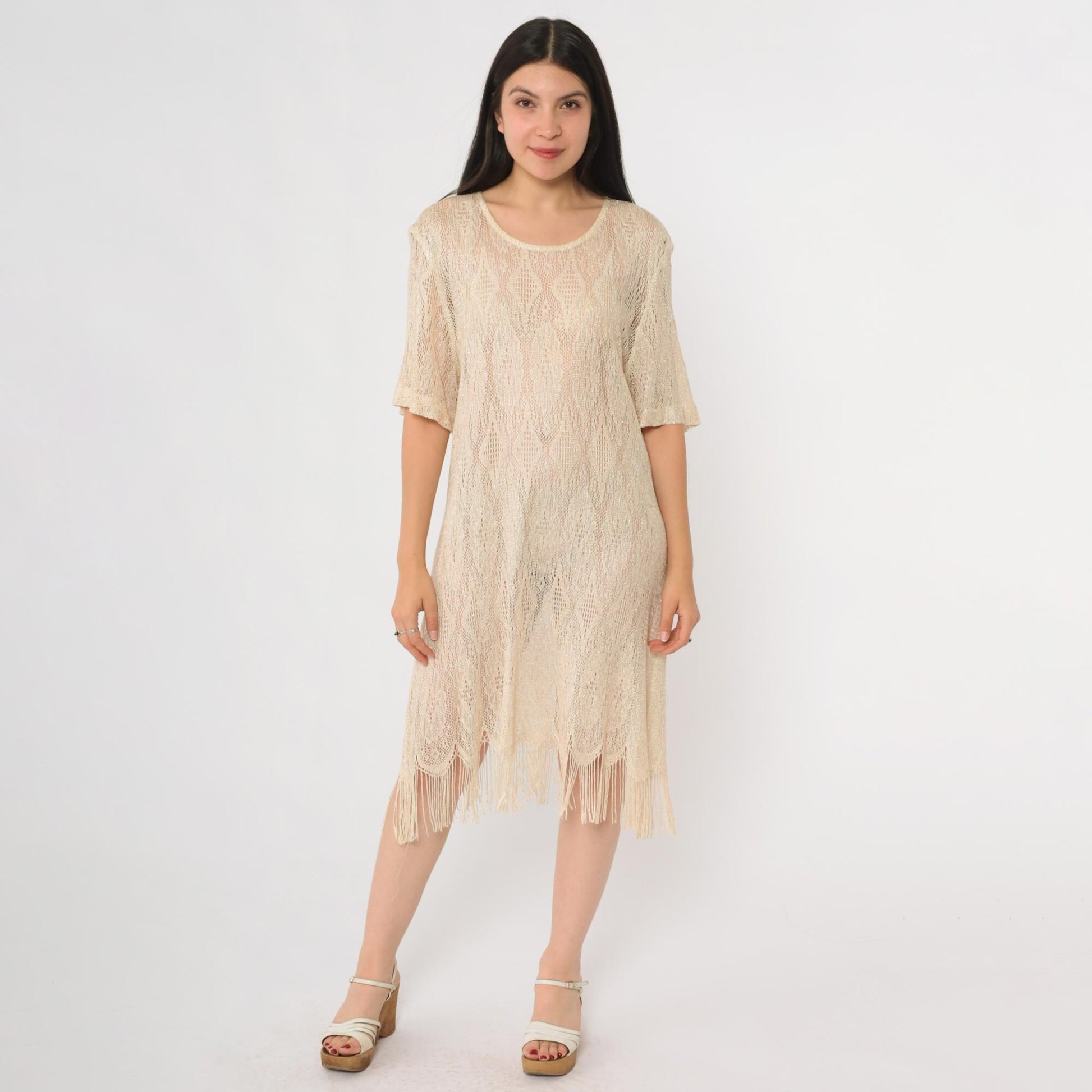 90s Sharade Nites Crochet Mini Dress Cream Metallic Fringe Scalloped Hem Size 16