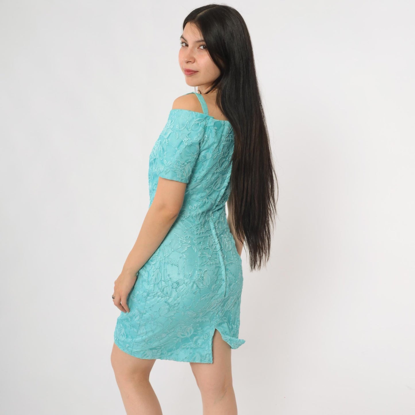 80s Turquoise Lace Mini Dress Off-Shoulder Sweetheart Neckline Short Sleeve Extra Small XS