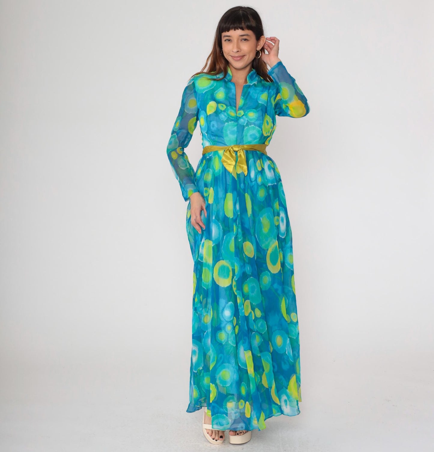 70s Maxi Dress Blue Green Psychedelic Print Sheer Collared Long Sleeve Medium
