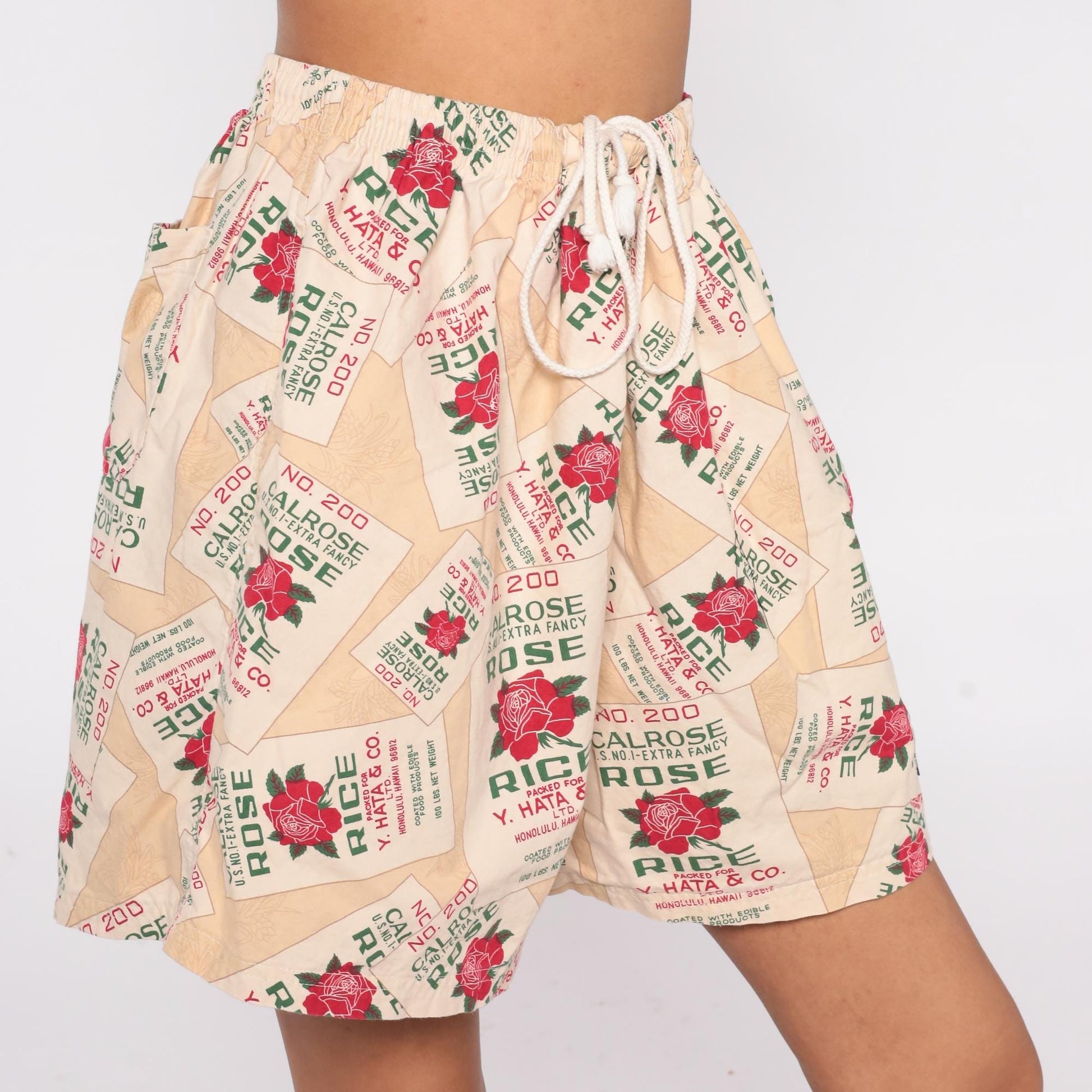 90s Calrose Rice Sack Shorts Y. Hata Honolulu Rose Print Drawstring Medium