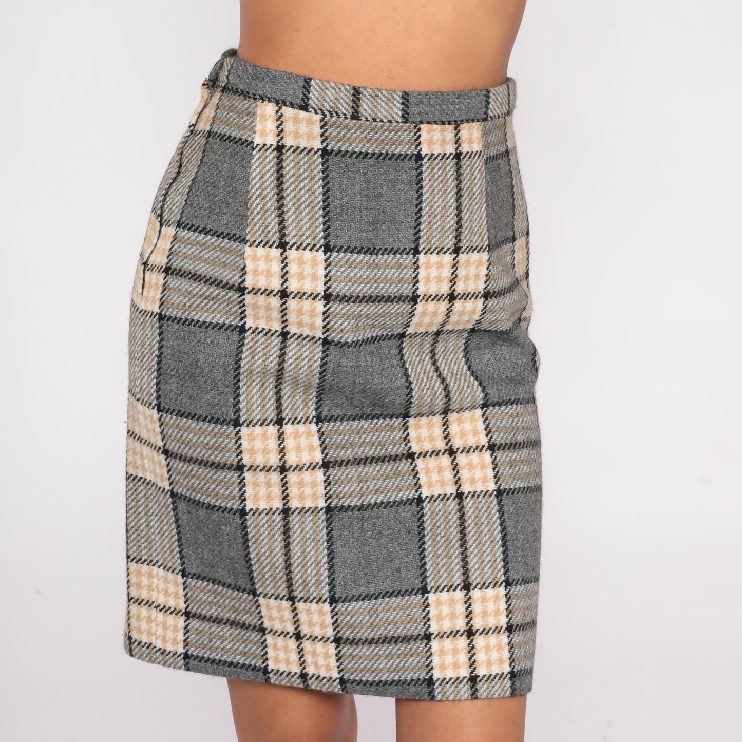 70s Plaid Wool Mini Skirt High Waist Pencil Tailored Grey Cream Black Extra Small XS