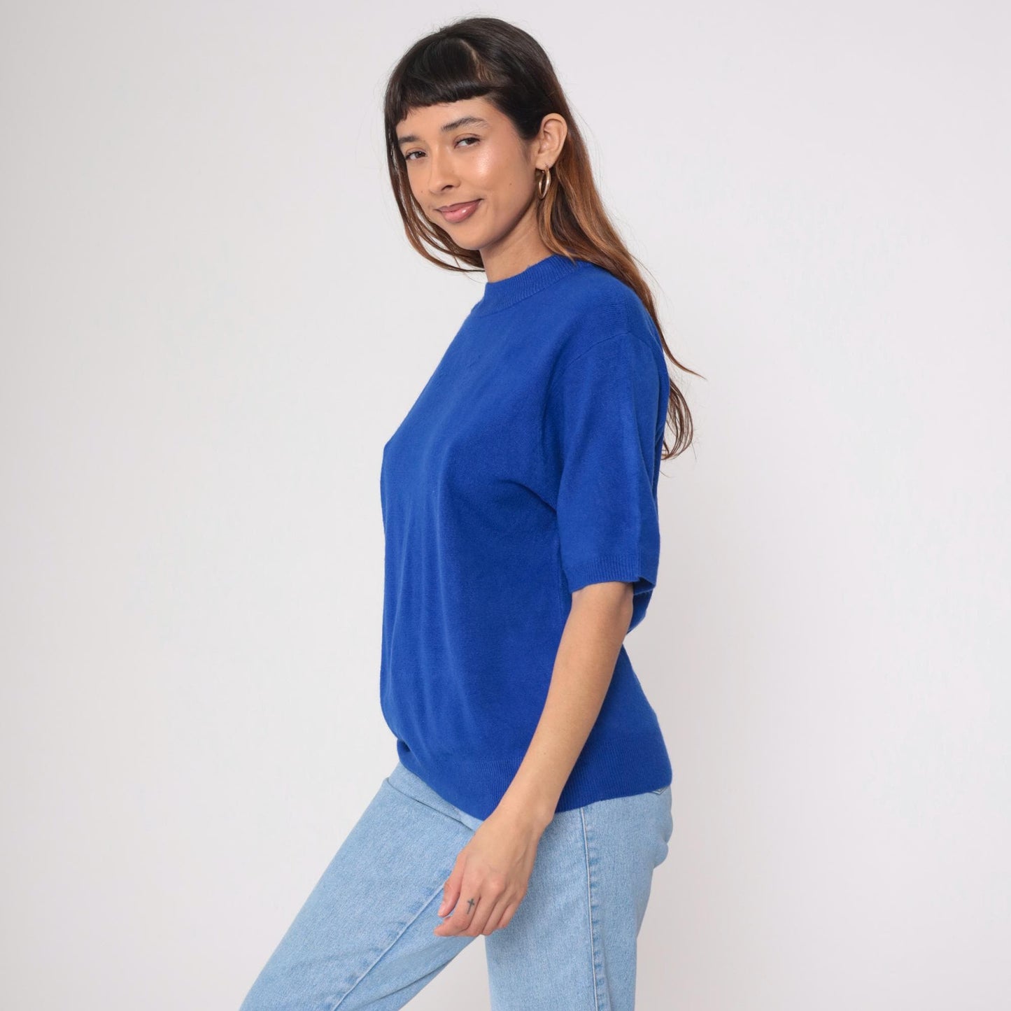 90s Royal Blue Crew Neck Short Sleeve Knit Sweater Large L