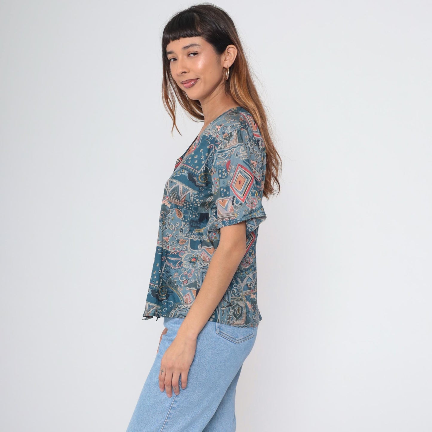 90s Stunt Petites Silk Blouse Blue Paisley Geometric Print V-Neck Short Sleeve Large