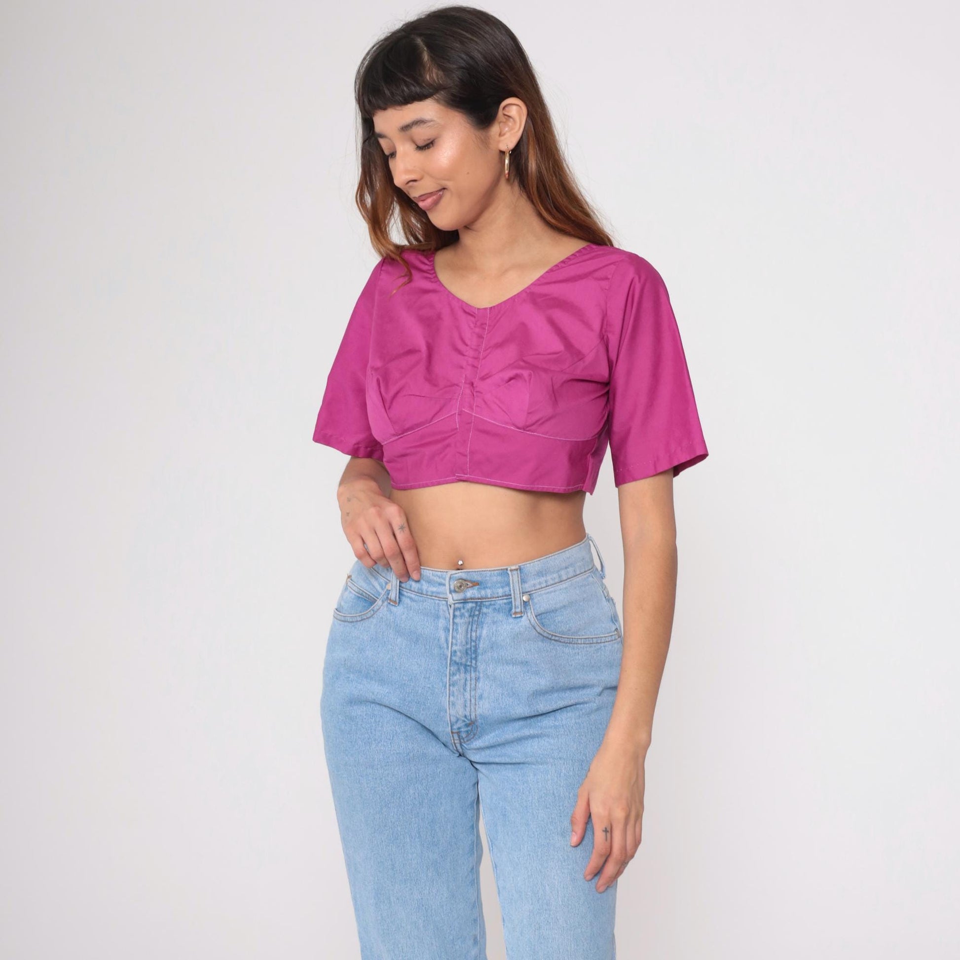 Y2K Magenta Crop Top V-Neck Choli-Inspired Blouse Small S